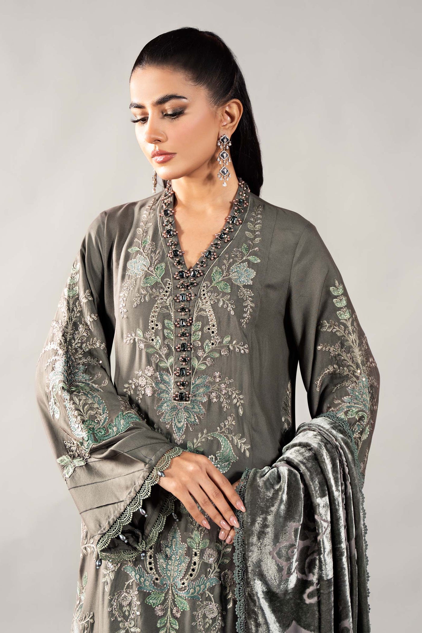 3 Piece Embroidered Linen Suit | DLS-1209