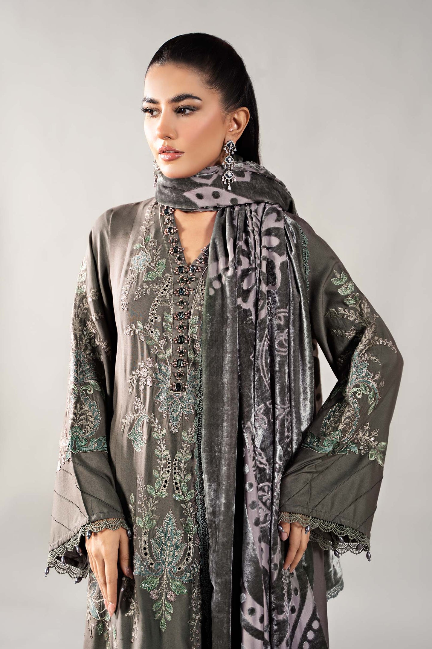 3 Piece Embroidered Linen Suit | DLS-1209