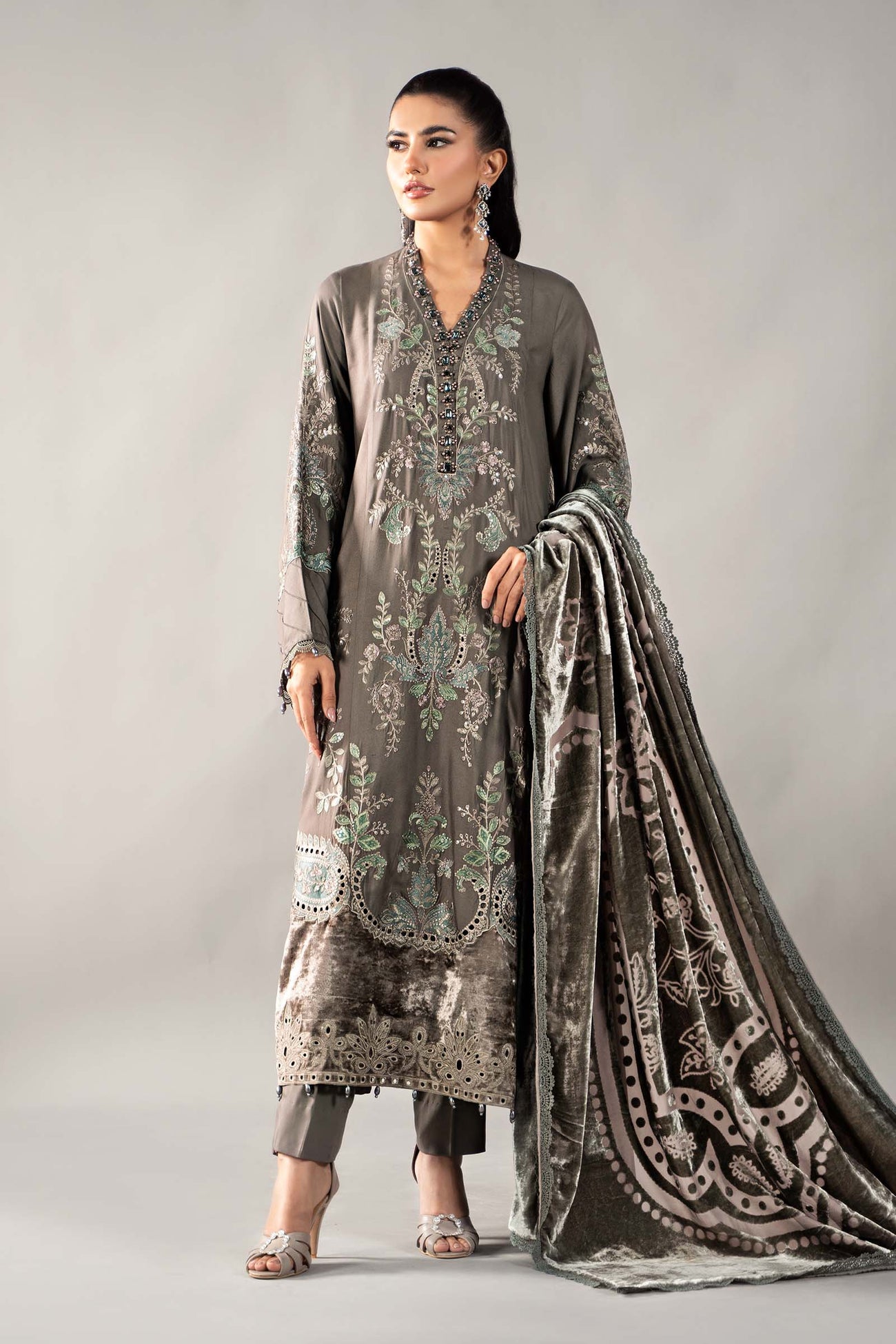 3 Piece Embroidered Linen Suit | DLS-1209