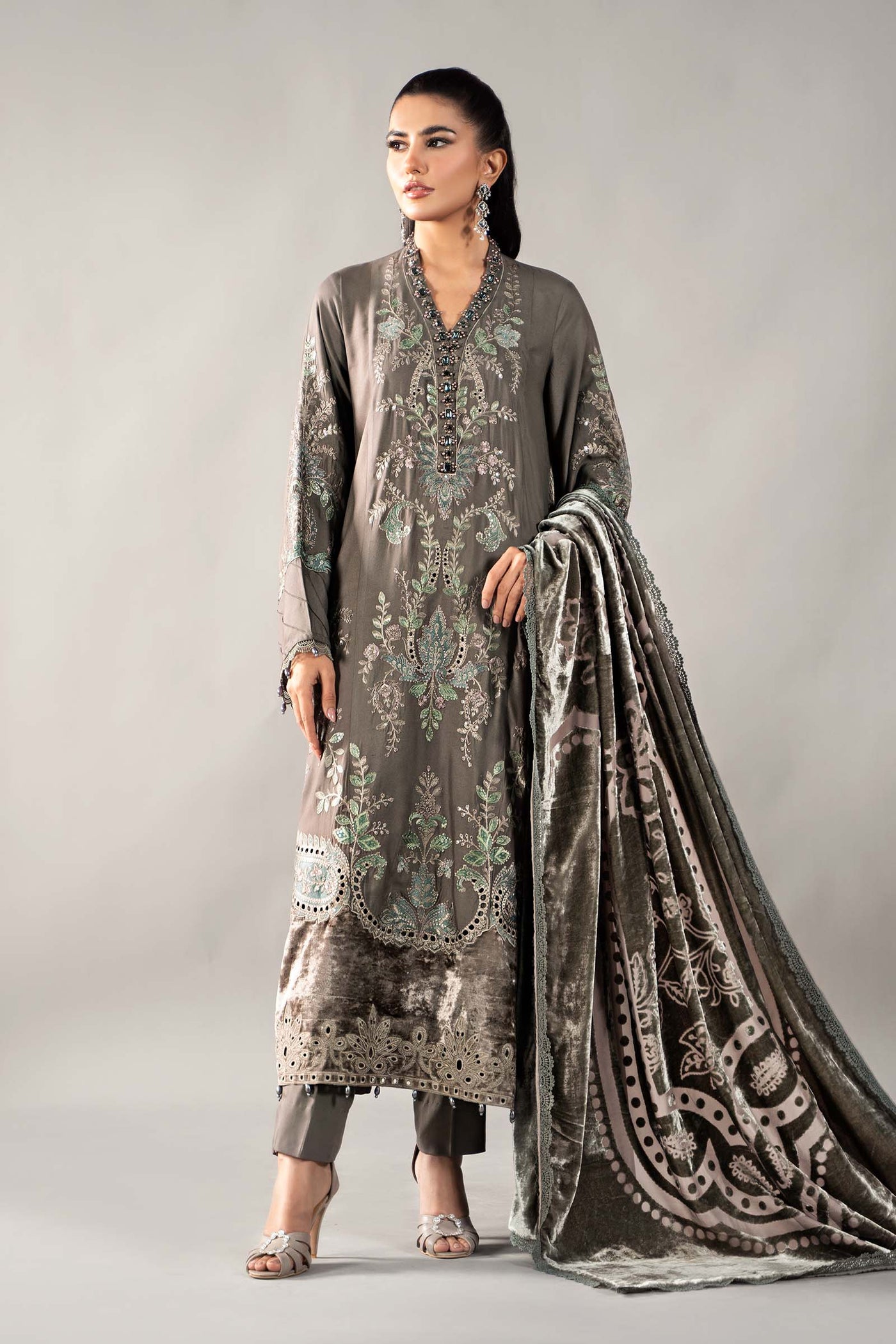 3 Piece Embroidered Linen Suit | DLS-1209