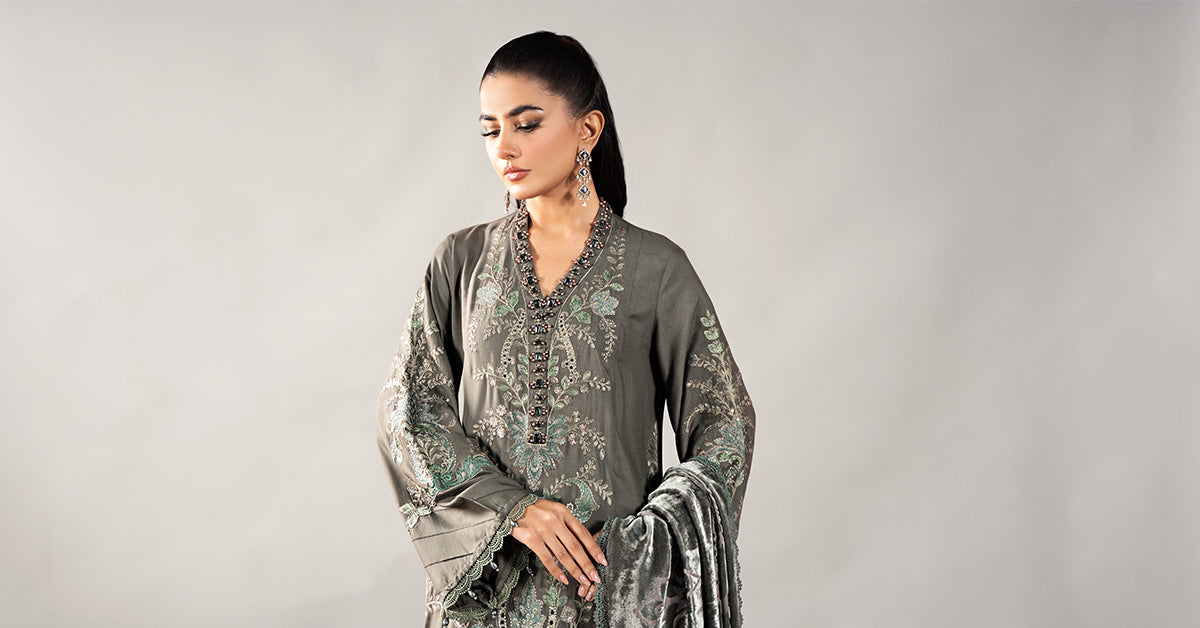 3 Piece Embroidered Linen Suit | DLS-1209