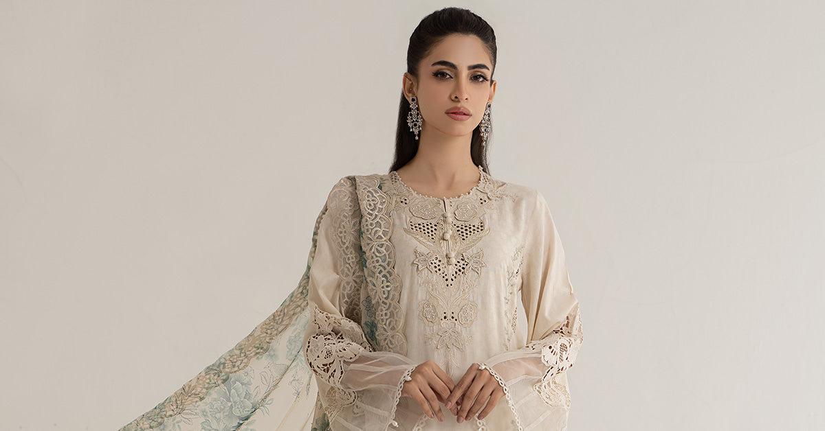 3 PIECE EMBROIDERED DOBBY LAWN SUIT | DS-2414-B