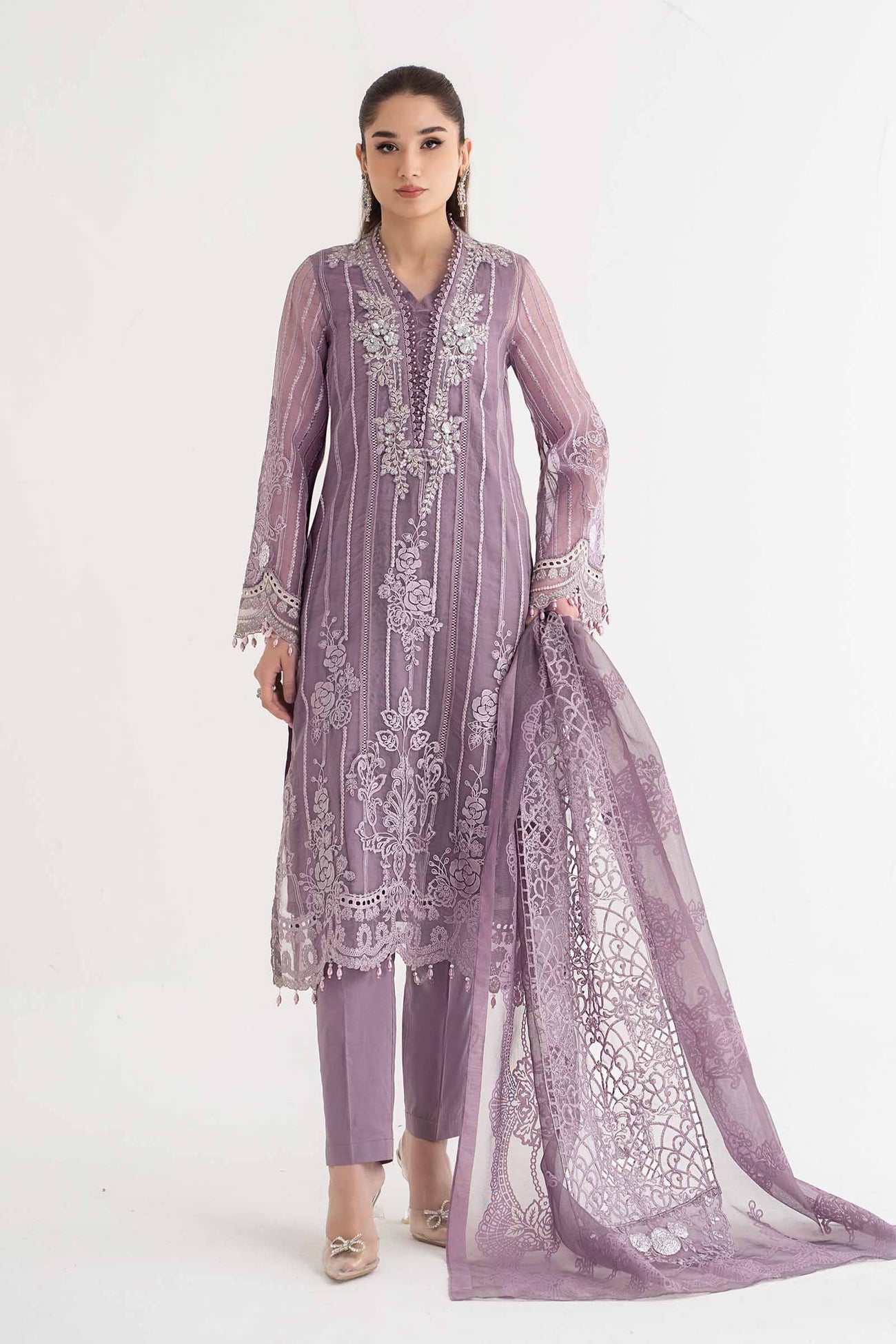 3 Piece Embroidered Organza Suit | DS-2401-A