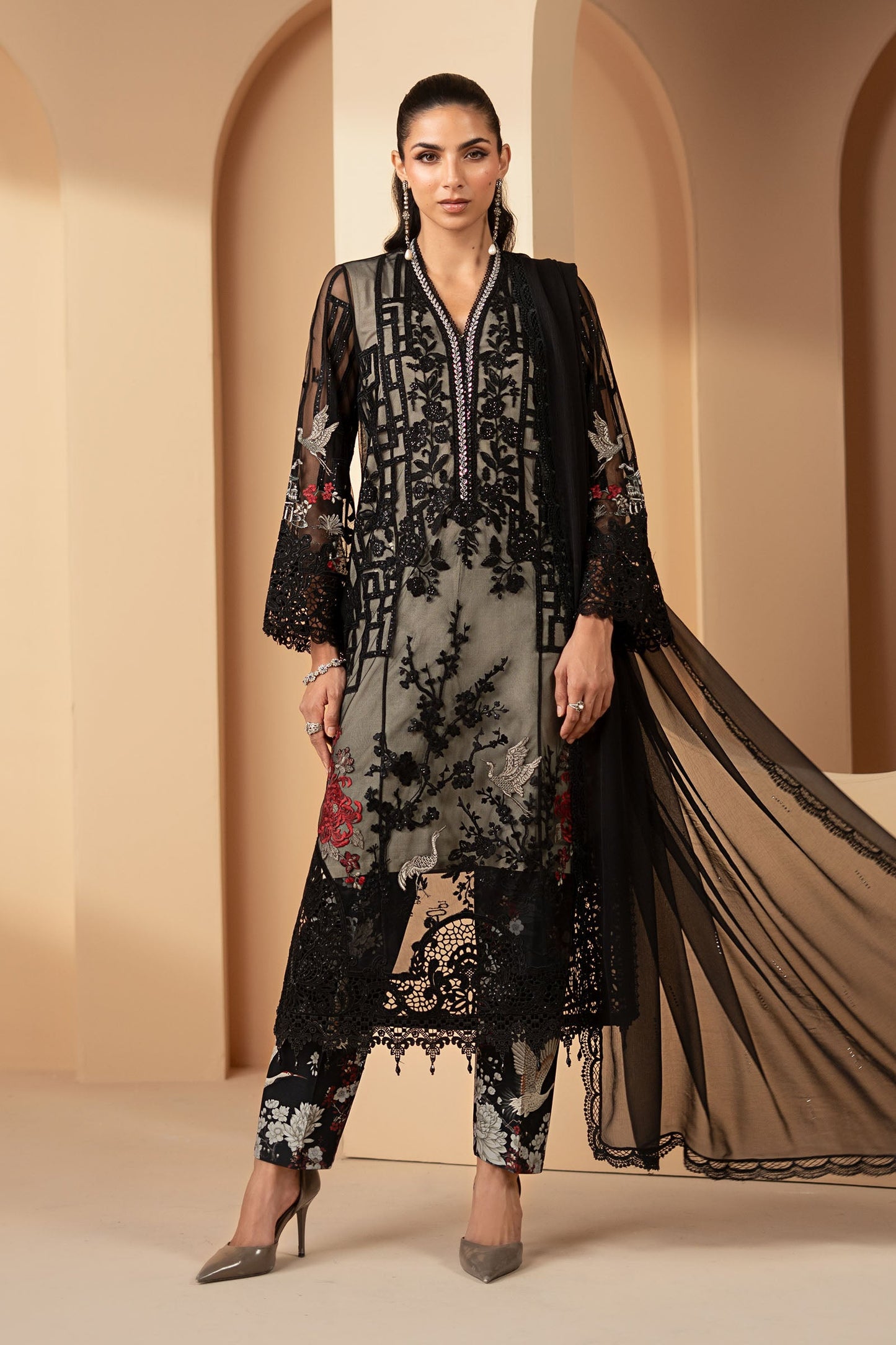 3 Piece Embroidered Net Suit