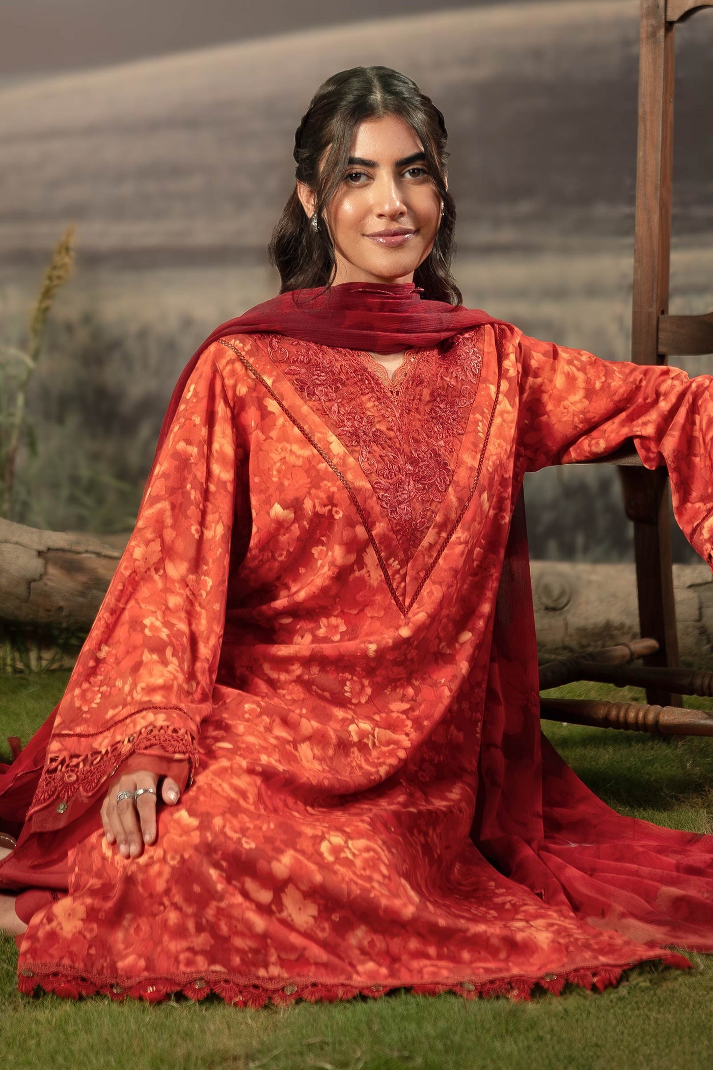 3 Pc Unstitched Embroidered Arabic Lawn Suit | MB-PFUS25-10B