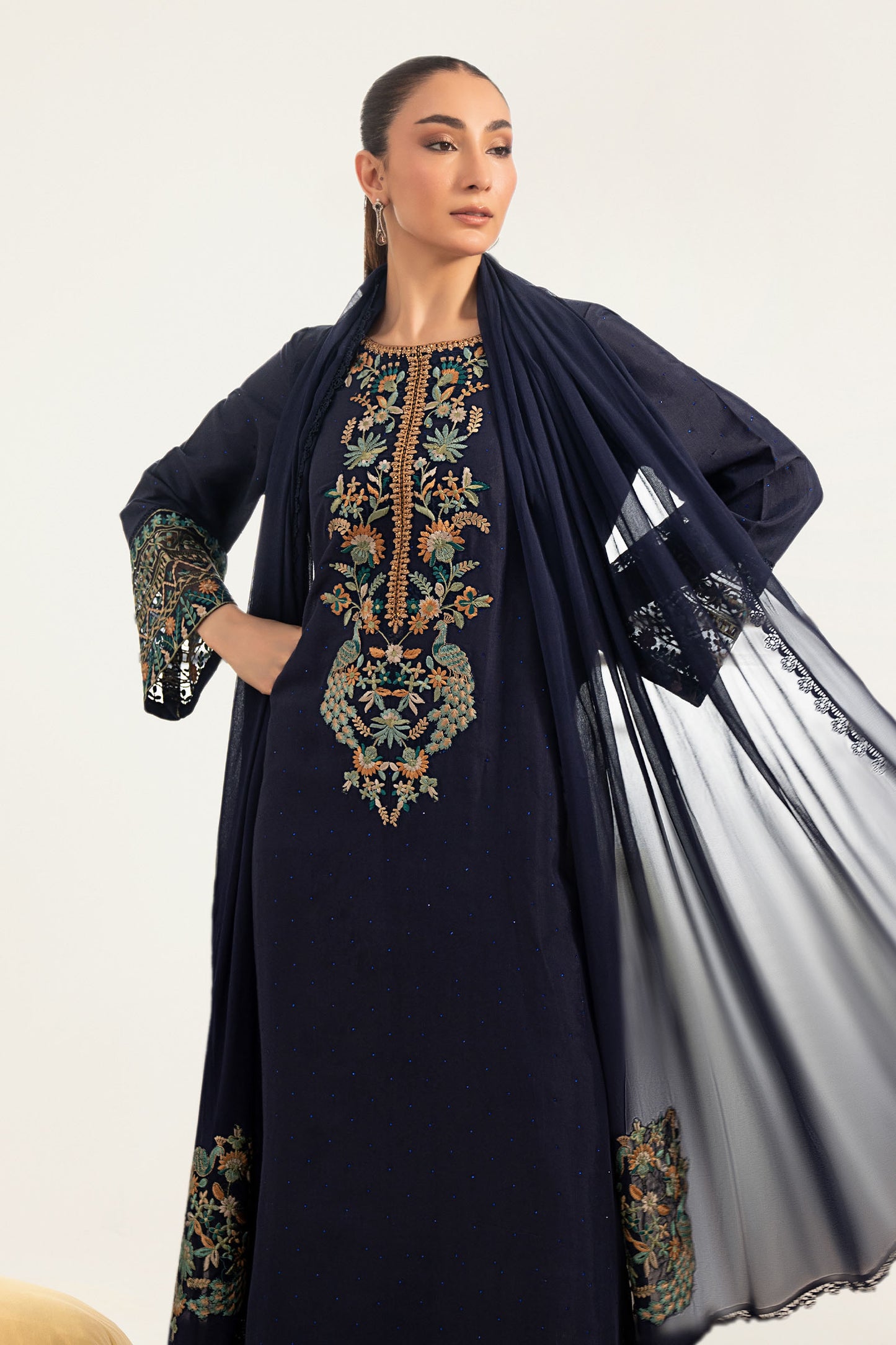 3 Piece Embroidered Raw Silk Suit