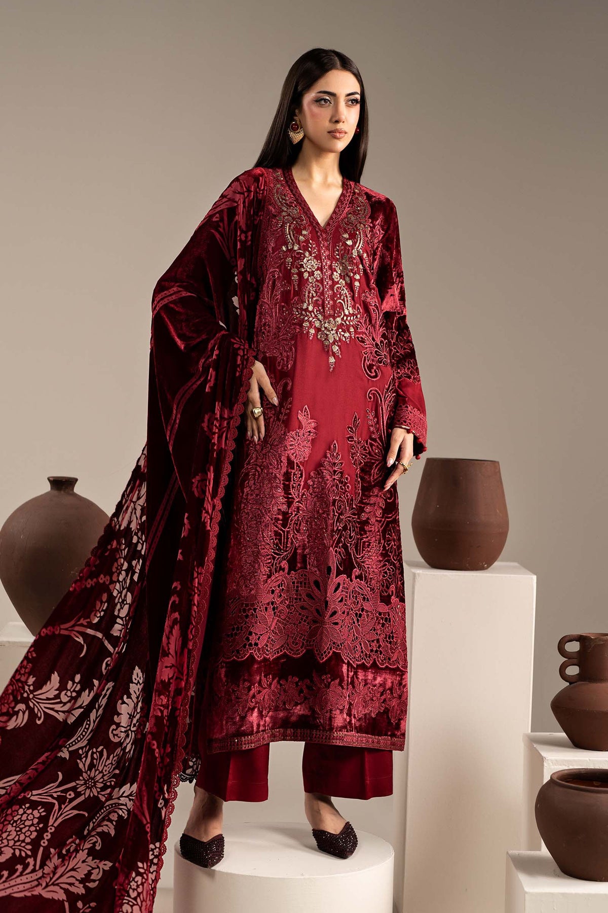 3 Piece Embroidered Velvet Suit