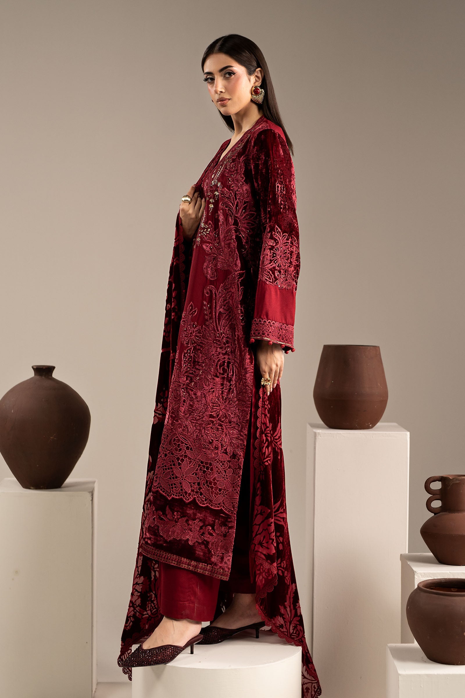 3 Piece Embroidered Velvet Suit