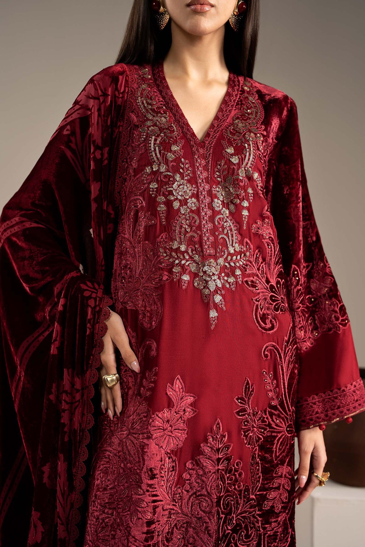 3 Piece Embroidered Velvet Suit