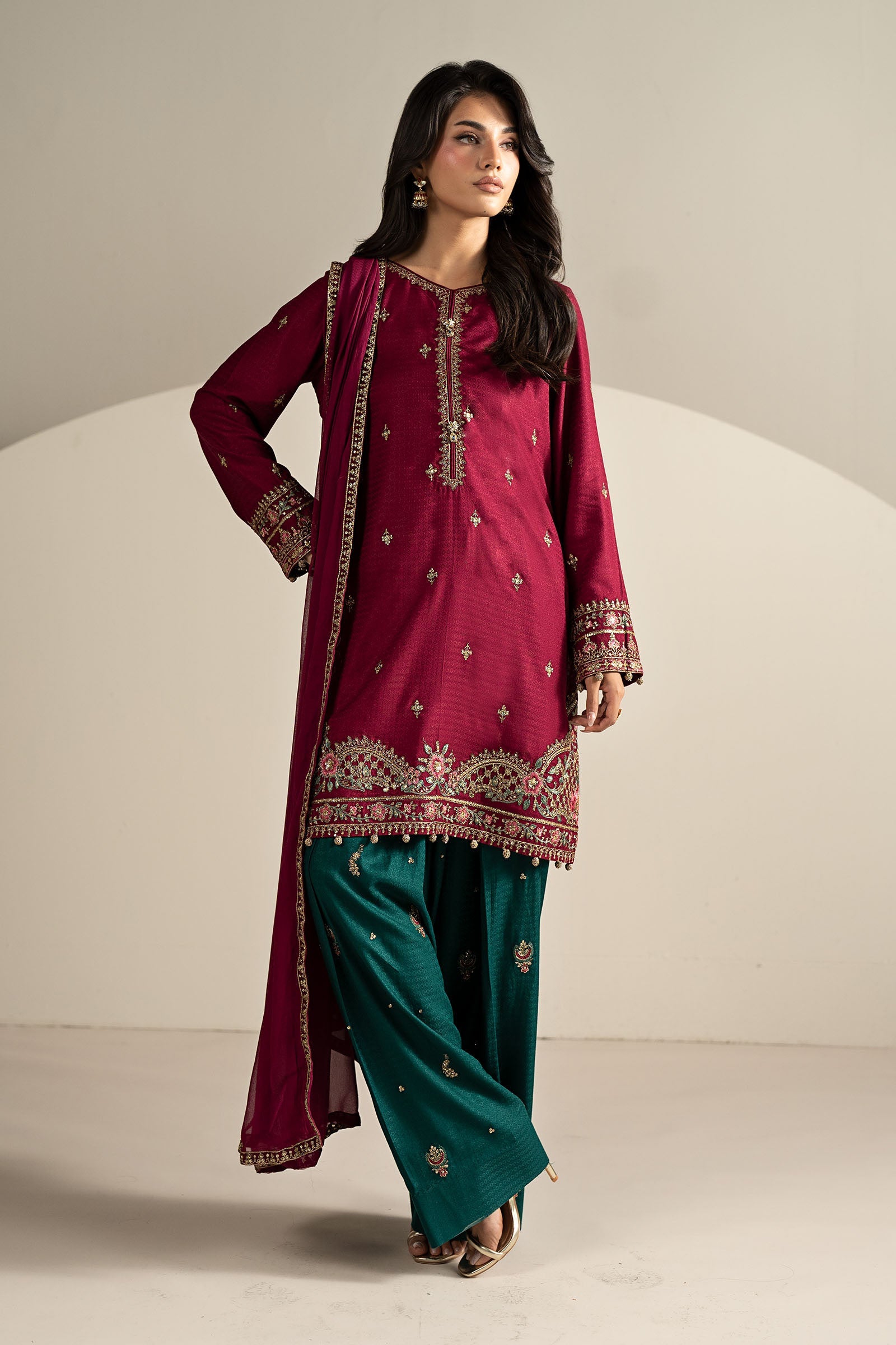 3 Piece Embroidered Dobby Linen Suit