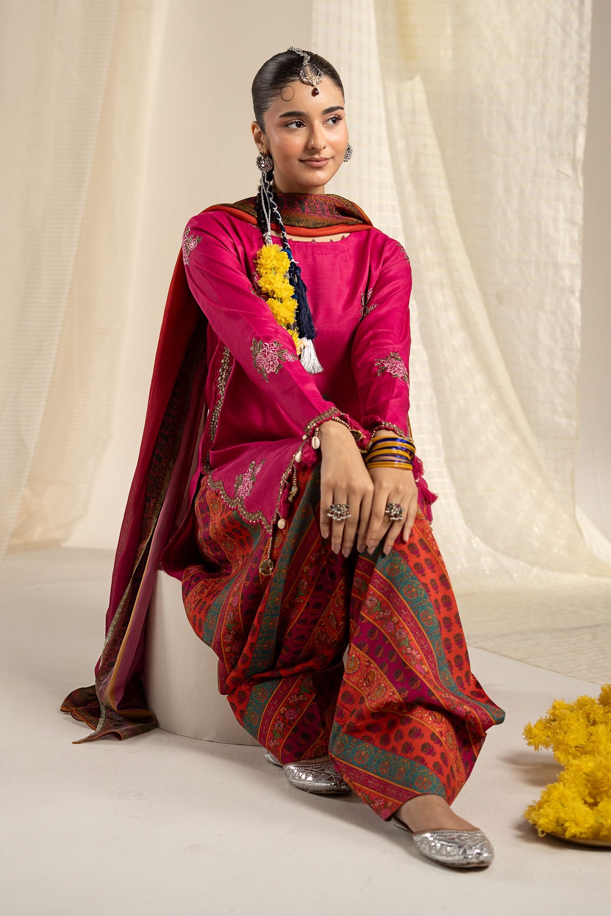 3 Piece Embroidered Raw Silk Suit