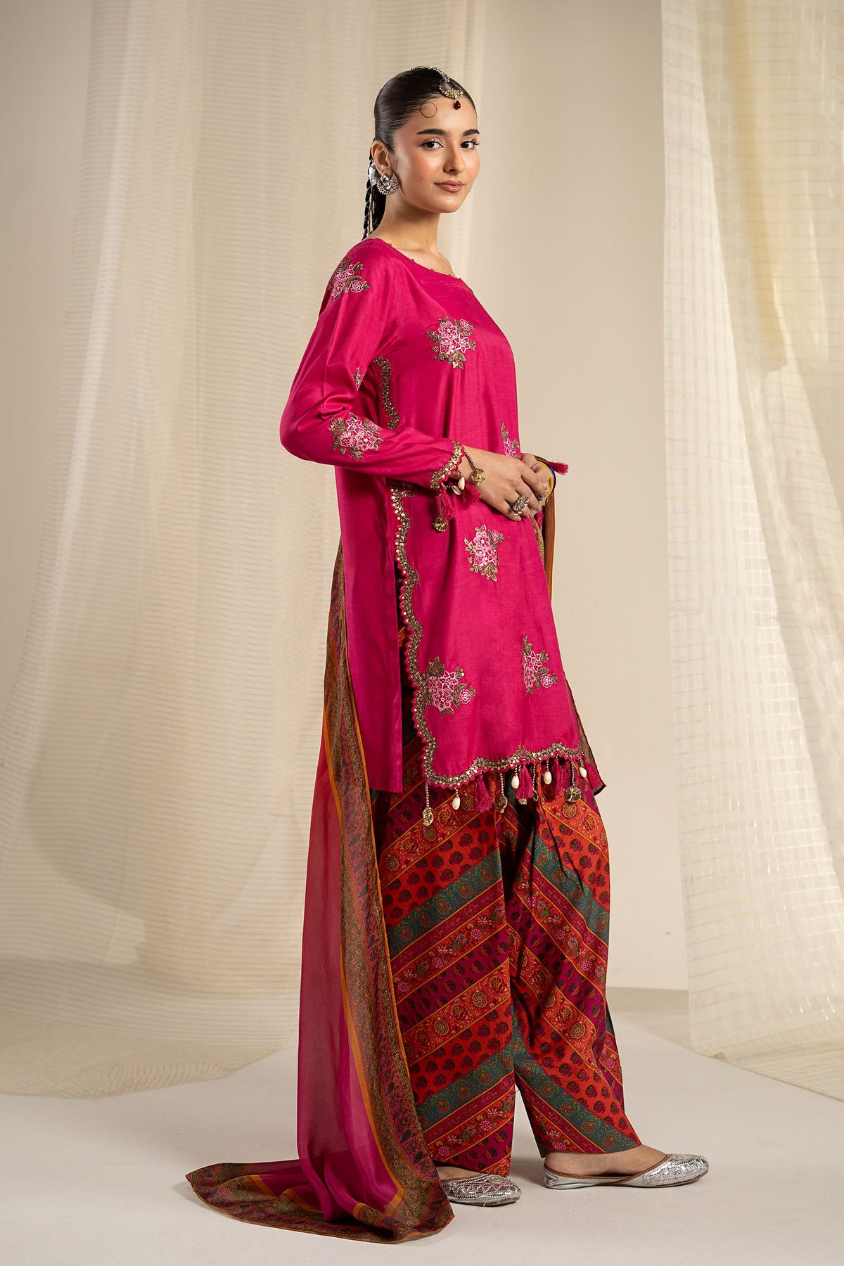 3 Piece Embroidered Raw Silk Suit