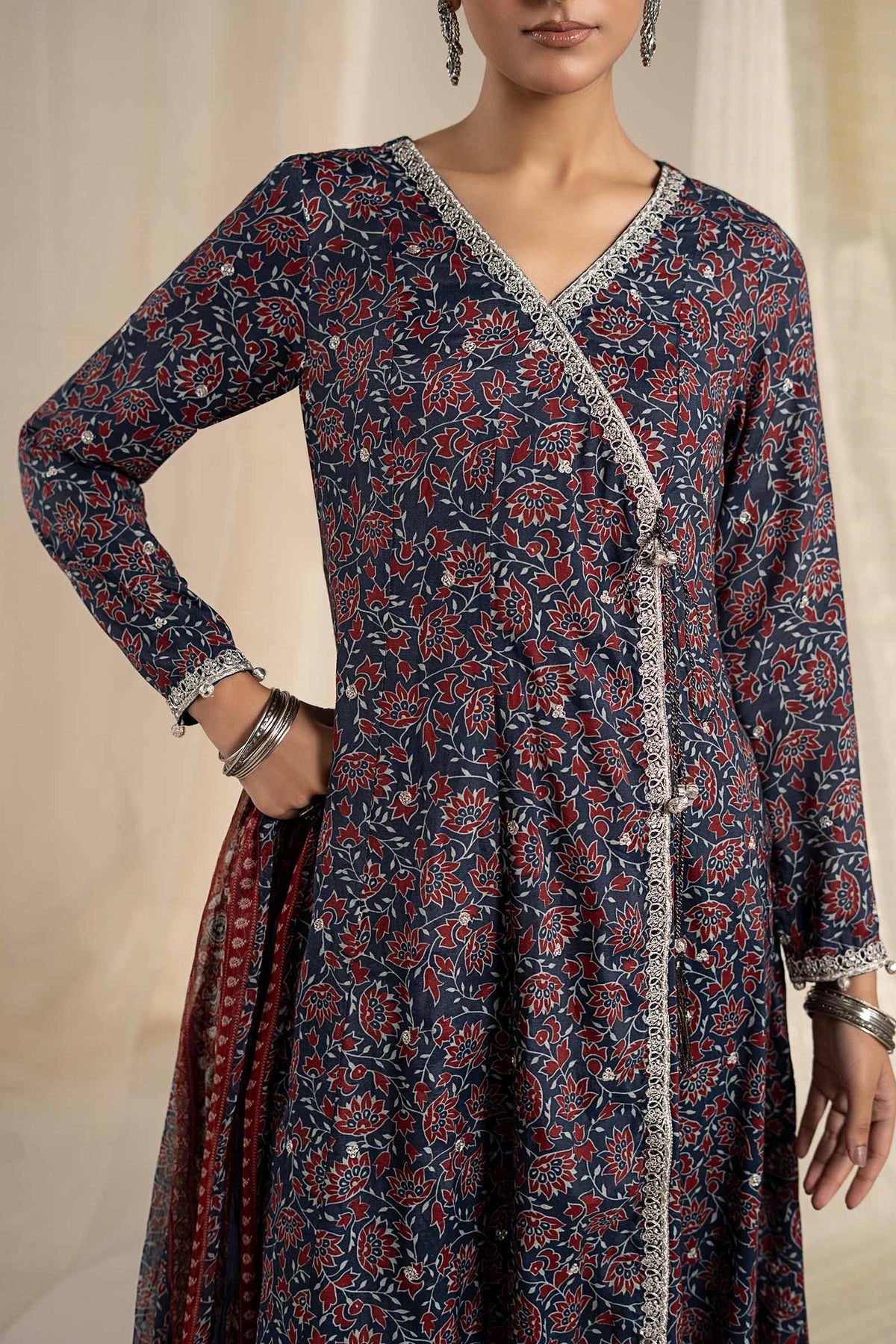 3 Piece Embroidered Raw Silk Suit