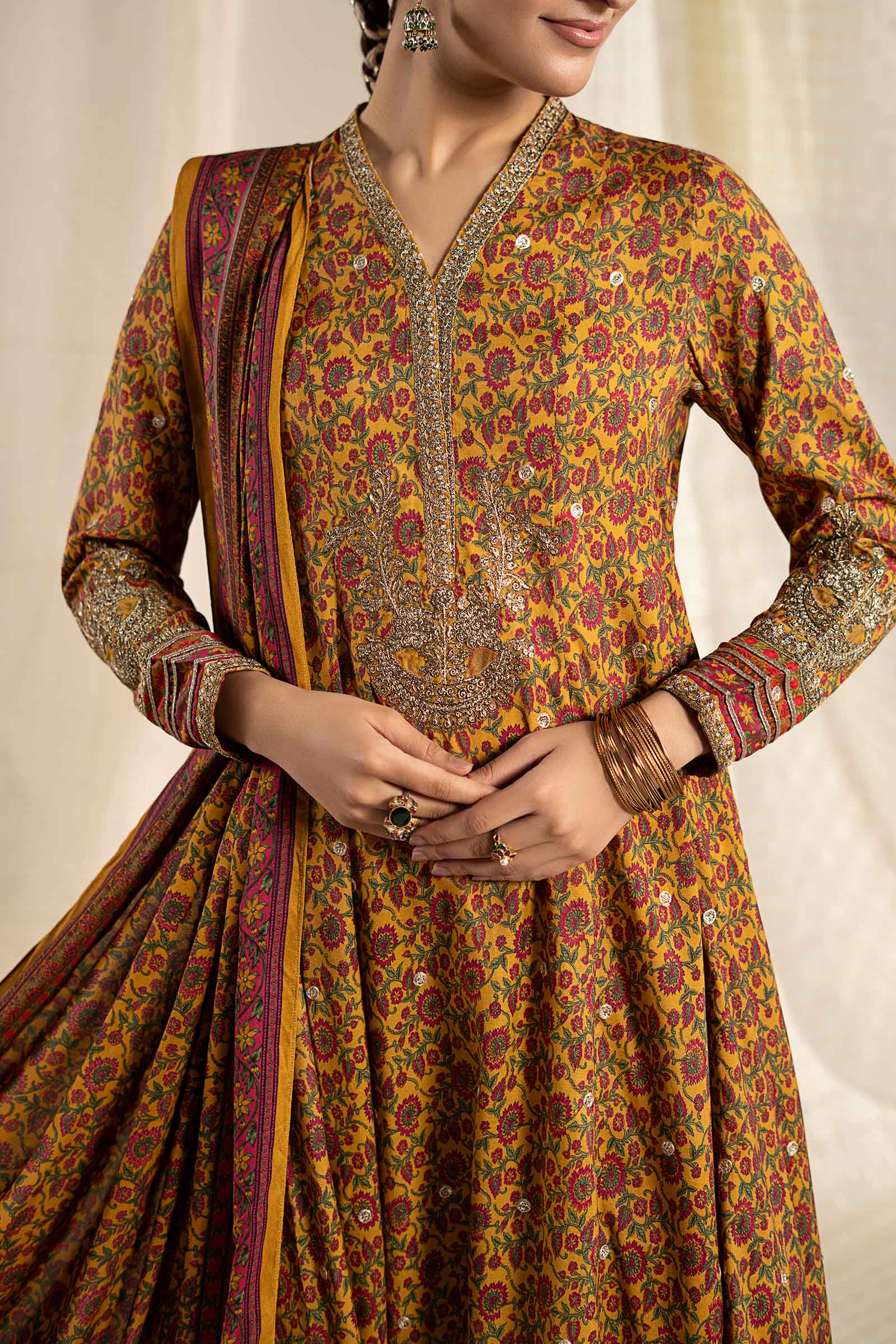3 Piece Embroidered Raw Silk Suit