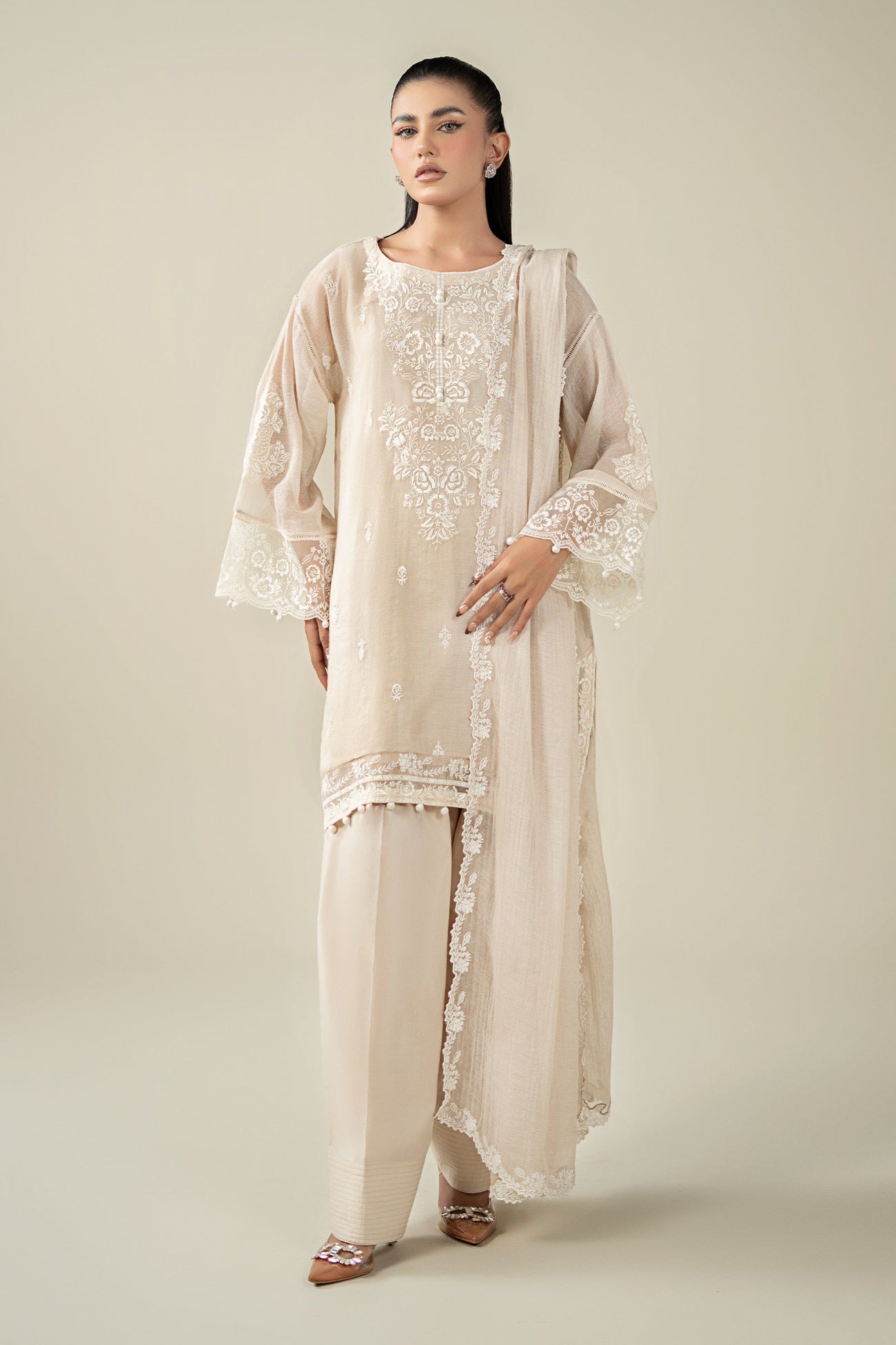 3 Piece Embroidered Cotton Net Suit