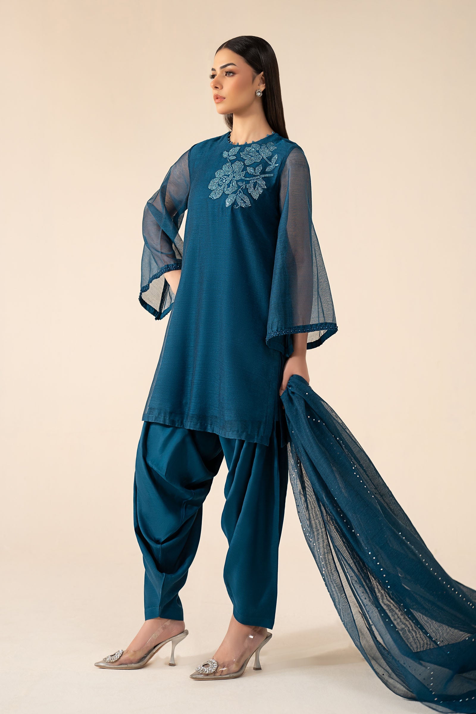 3 Piece Embellished Cotton Net Suit