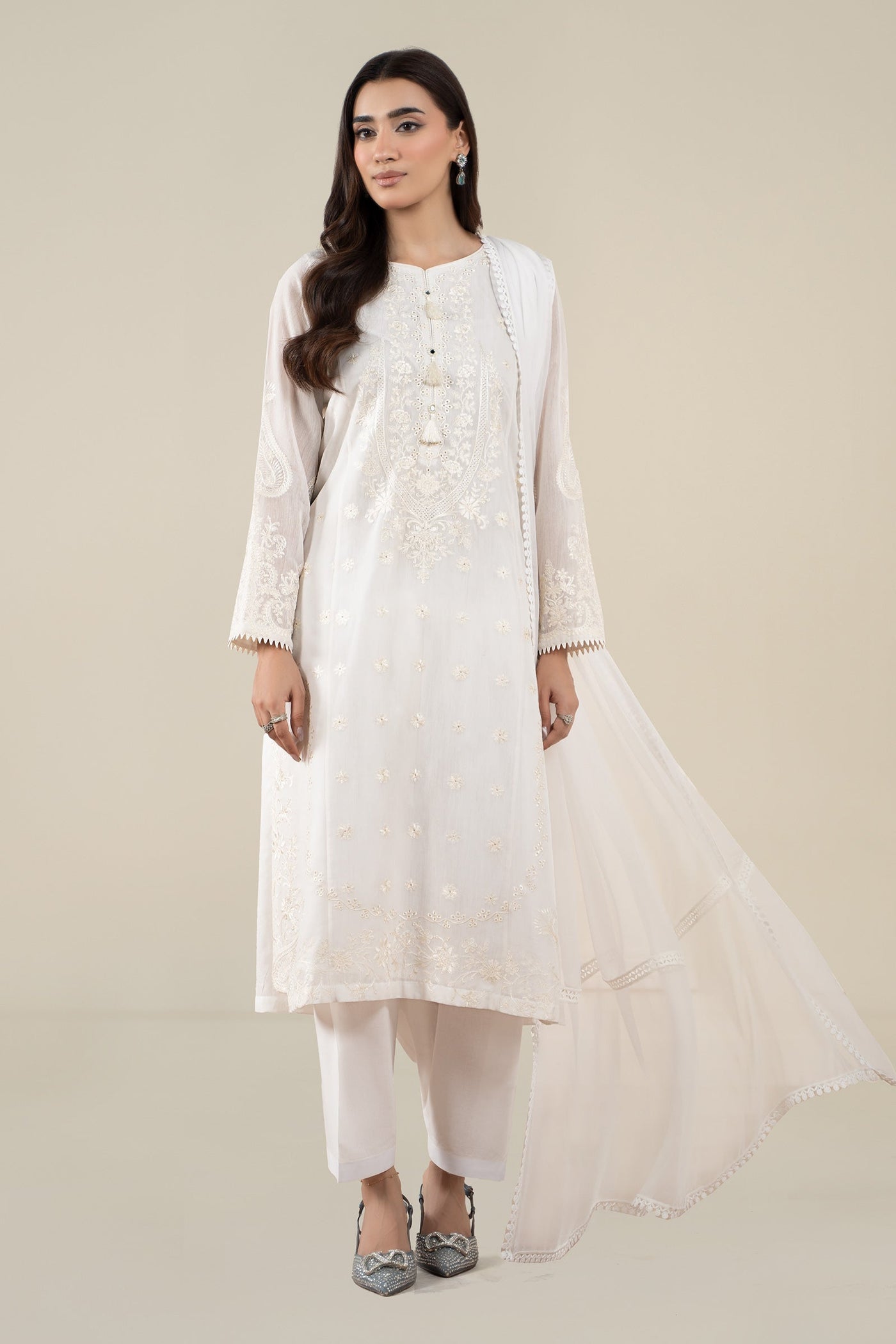 3 Piece Embroidered Paper Cotton Suit