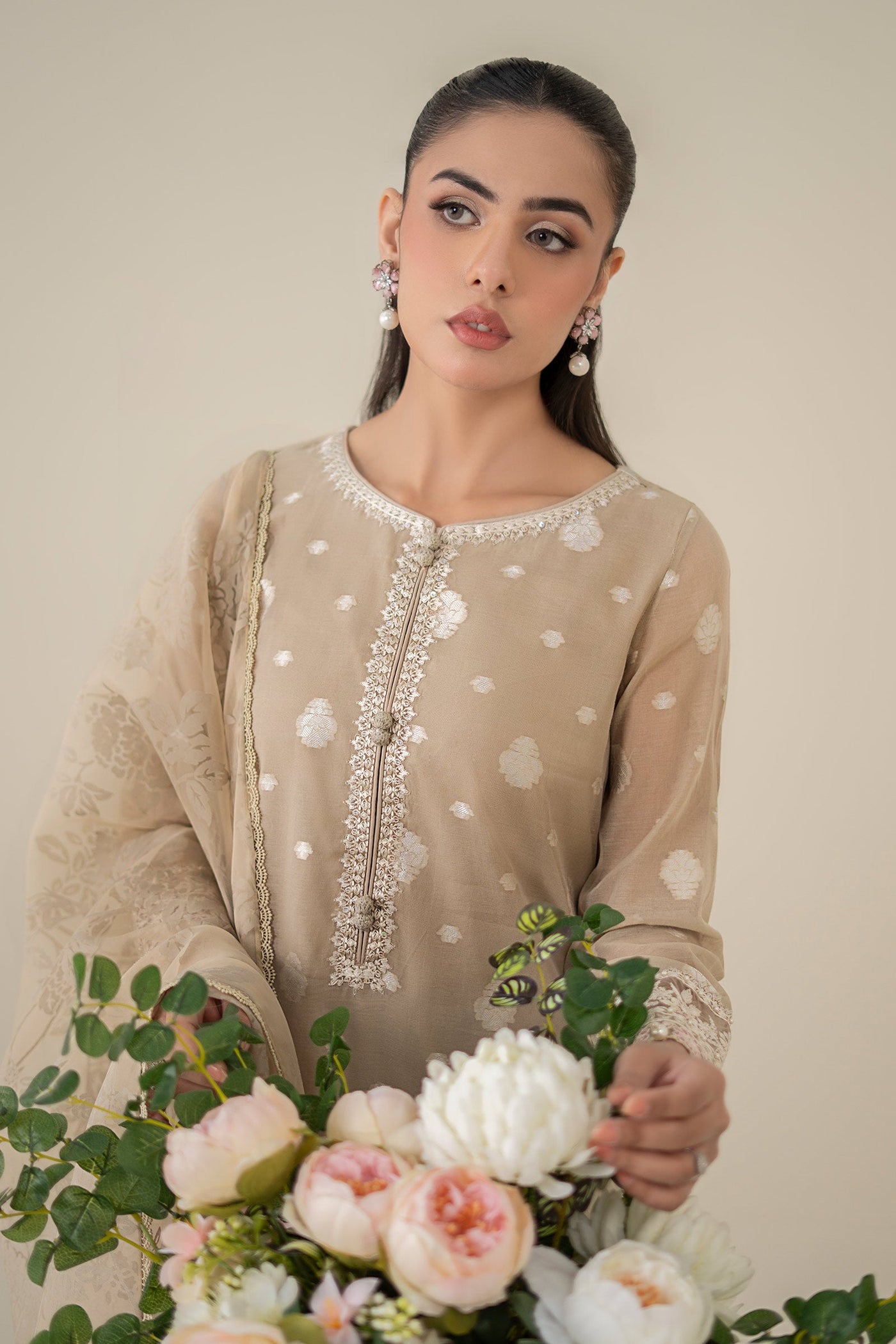 3 Piece Embroidered Paper Cotton Jacquard Suit