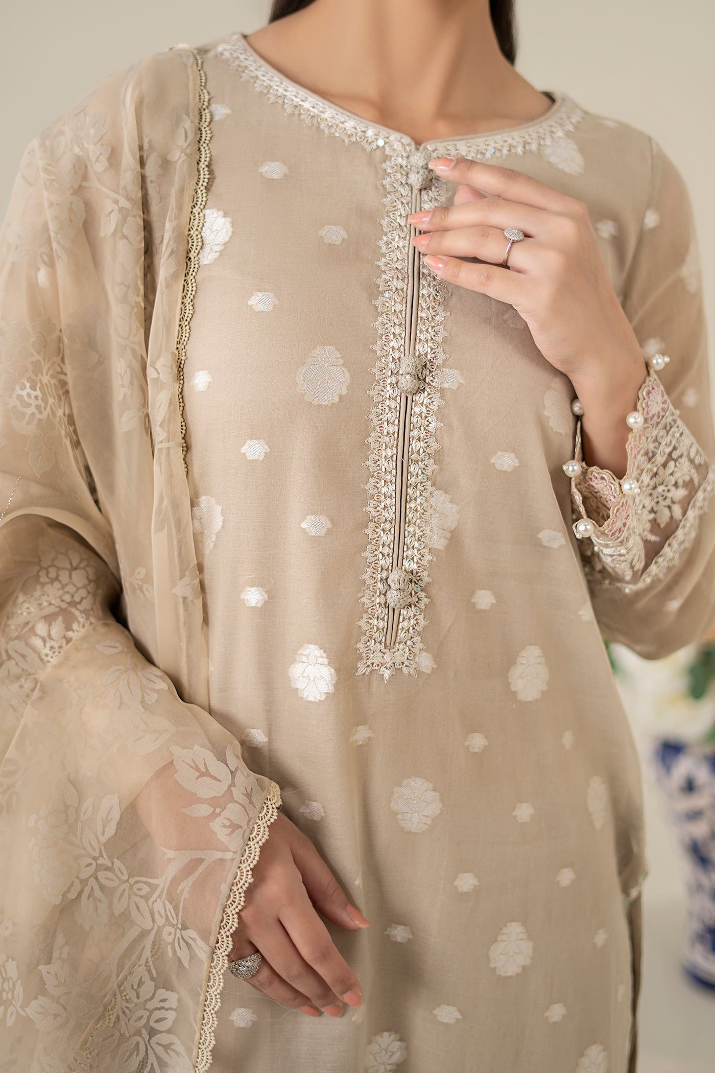 3 Piece Embroidered Paper Cotton Jacquard Suit