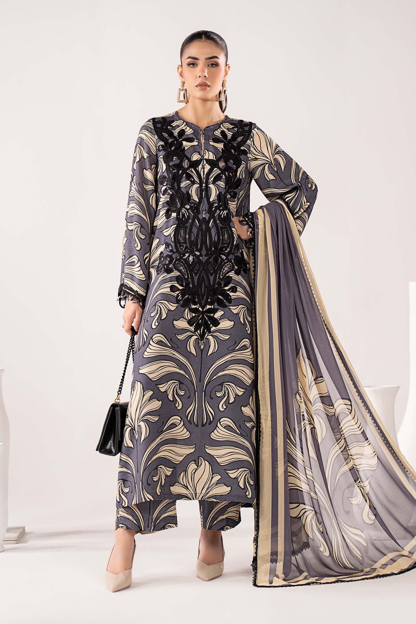 3 Piece Embroidered Raw Silk Suit
