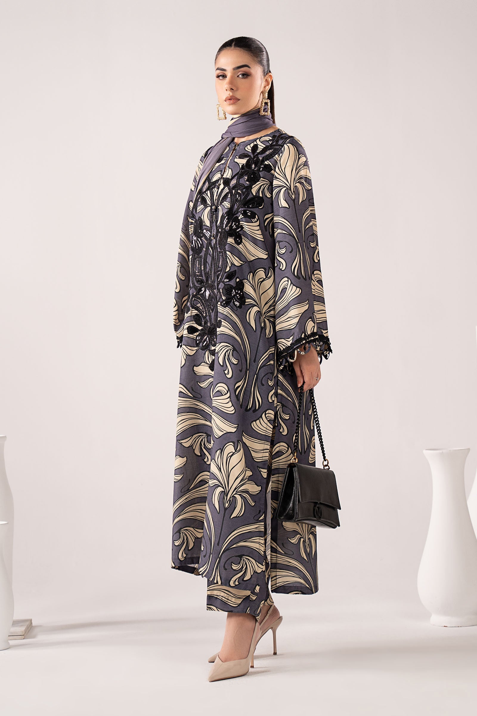 3 Piece Embroidered Raw Silk Suit
