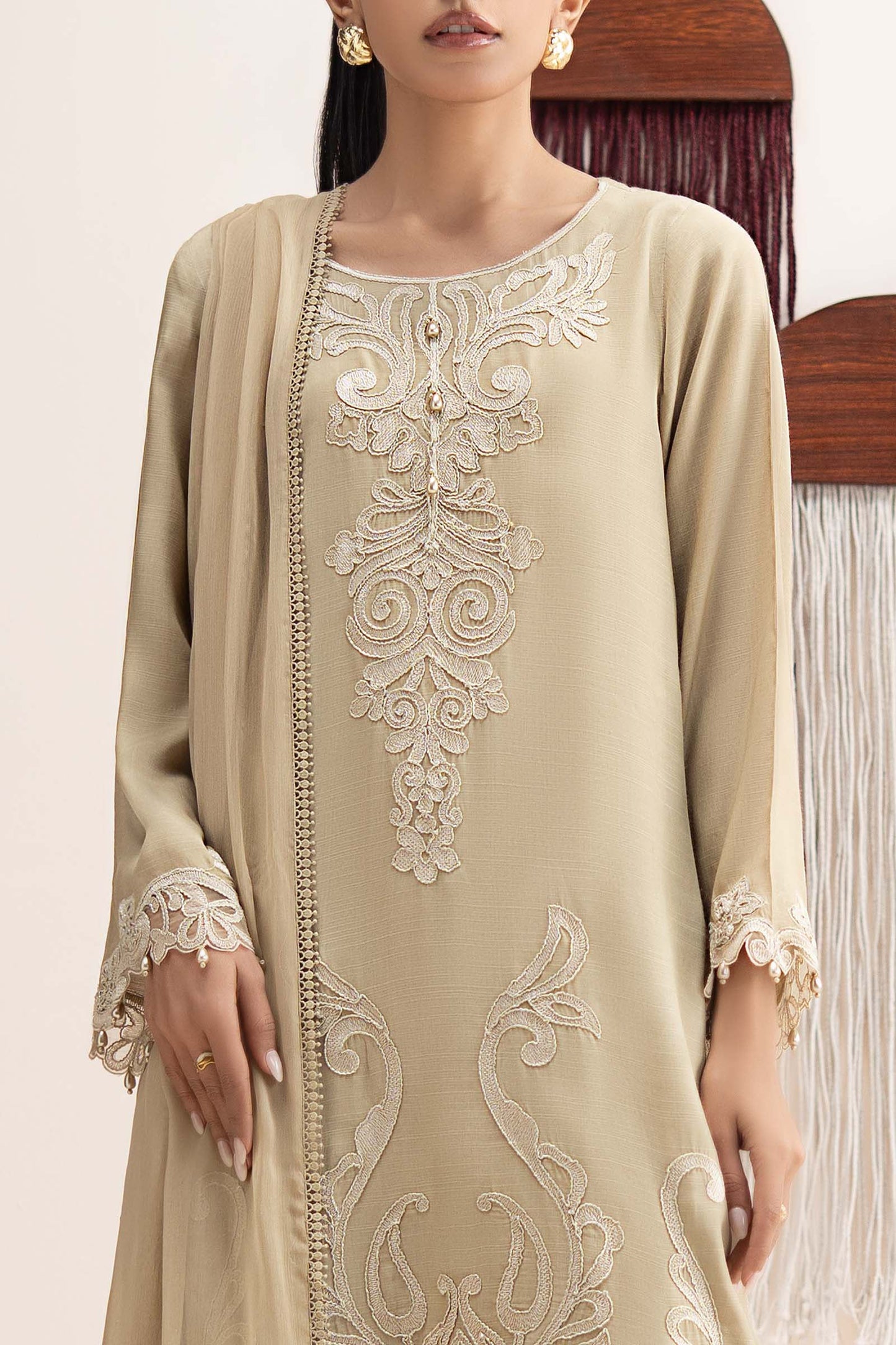 3 Piece Embroidered Raw Silk Suit