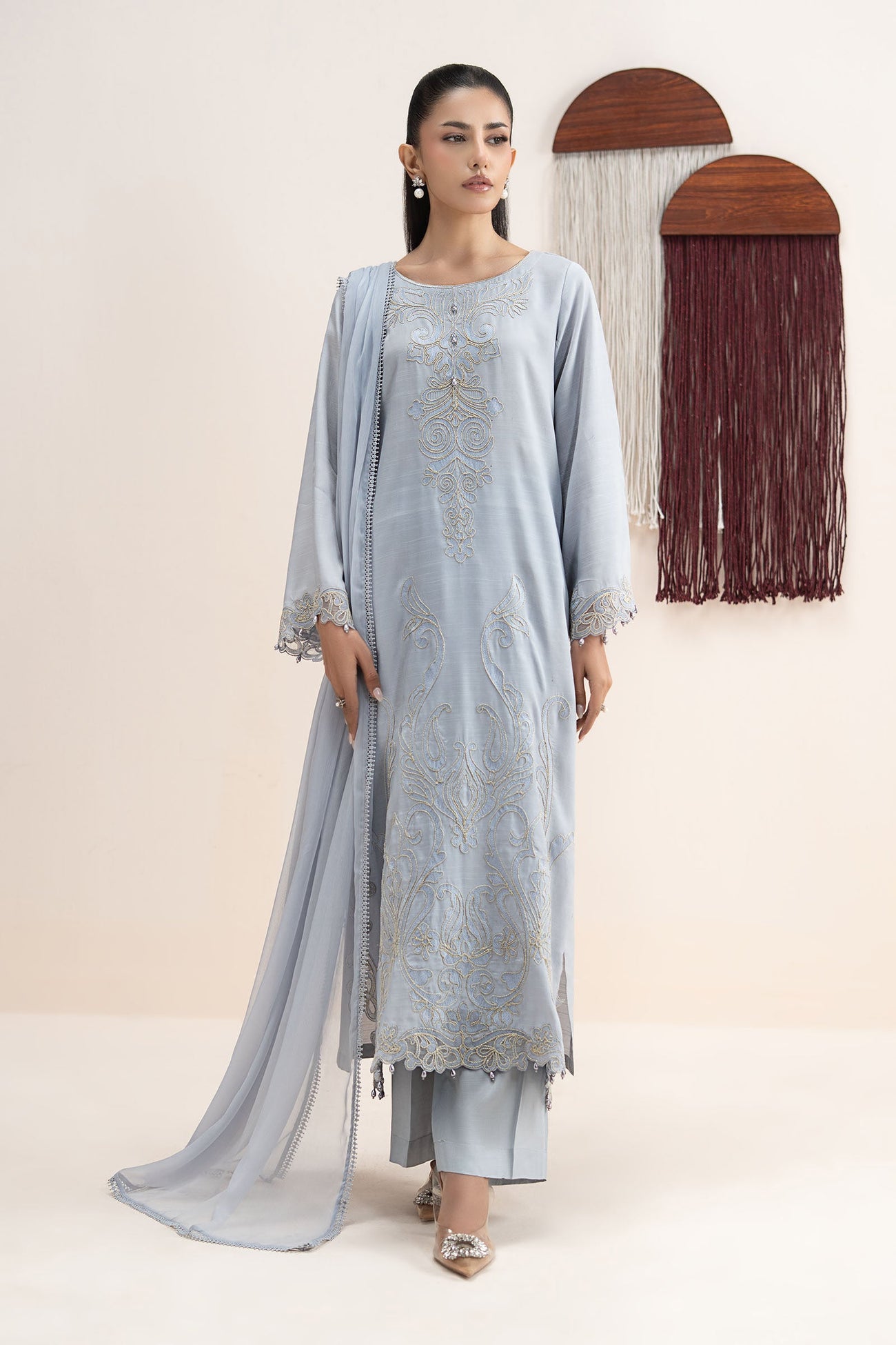 3 Piece Embroidered Raw Silk Suit