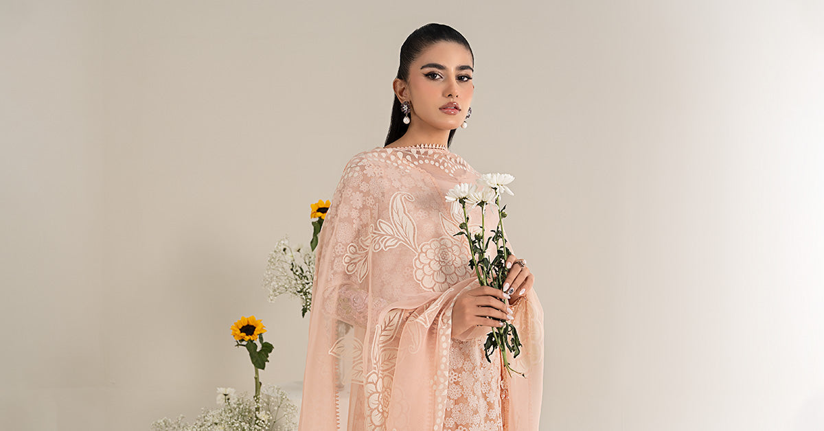3 Piece Embroidered Polyester Net Suit