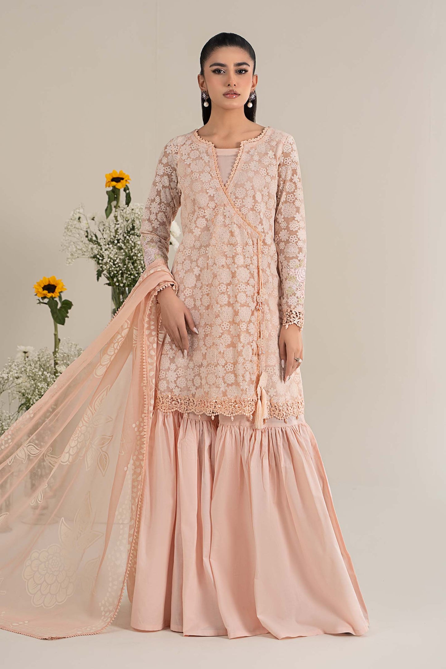 3 Piece Embroidered Polyester Net Suit