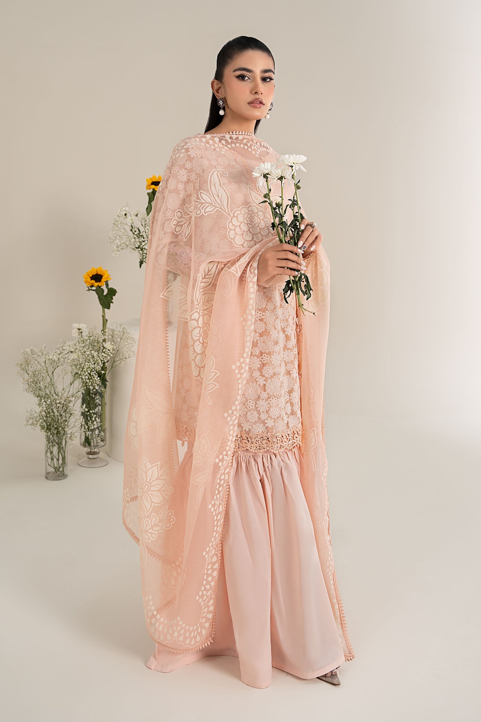 3 Piece Embroidered Polyester Net Suit