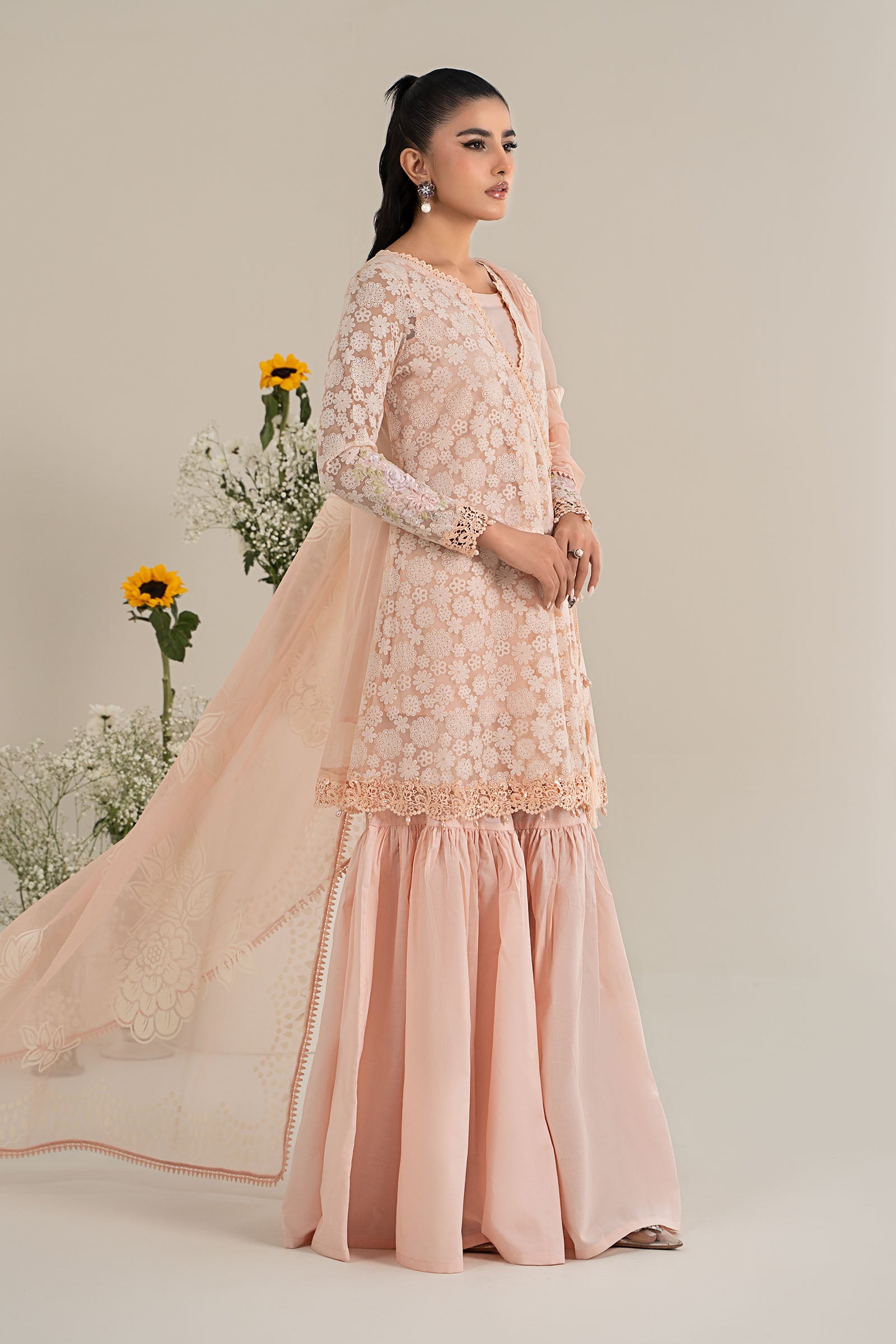 3 Piece Embroidered Polyester Net Suit