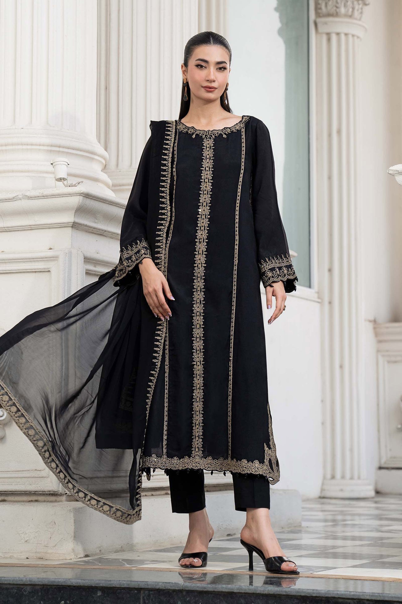 3 Piece Embroidered Raw Silk Suit