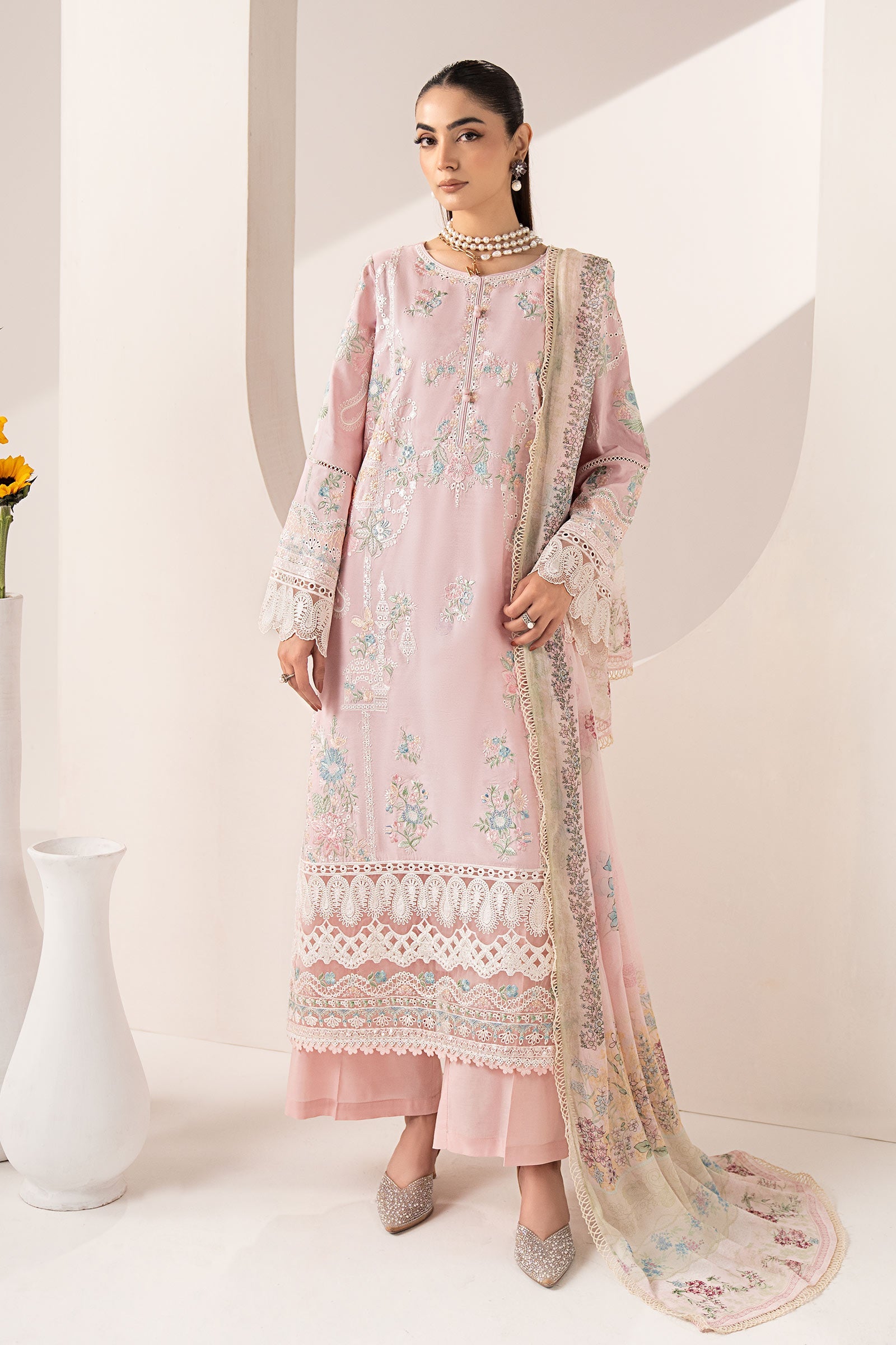 3 Piece Embroidered Paper Silk Suit