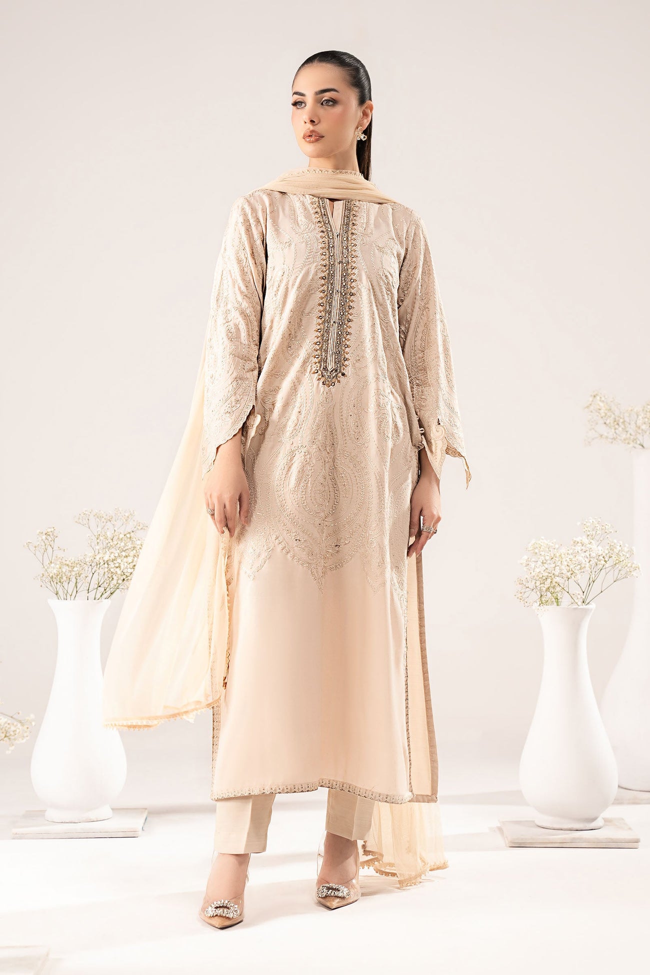 3 Piece Embroidered Raw Silk Suit