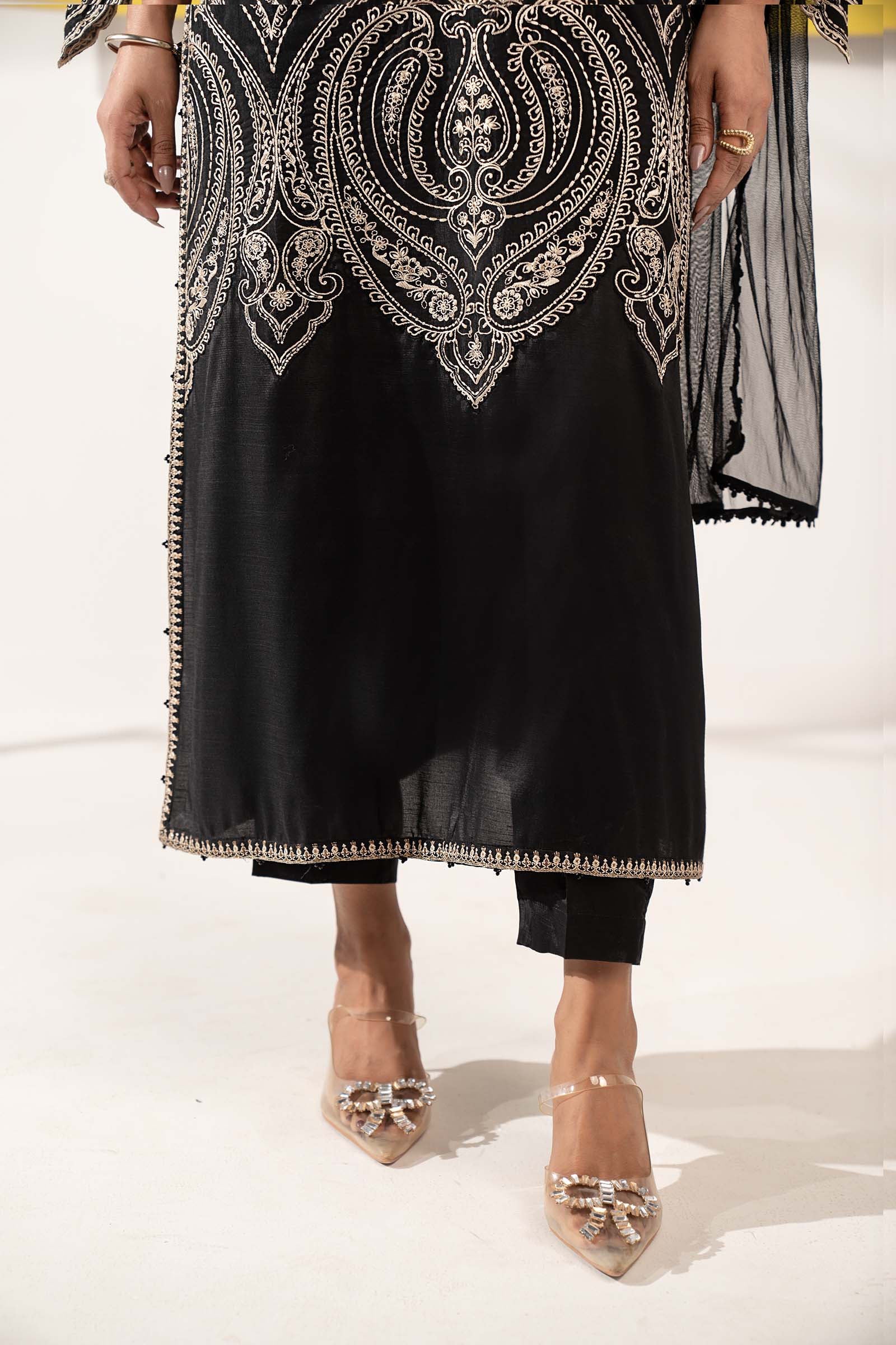 3 Piece Embroidered Raw Silk Suit