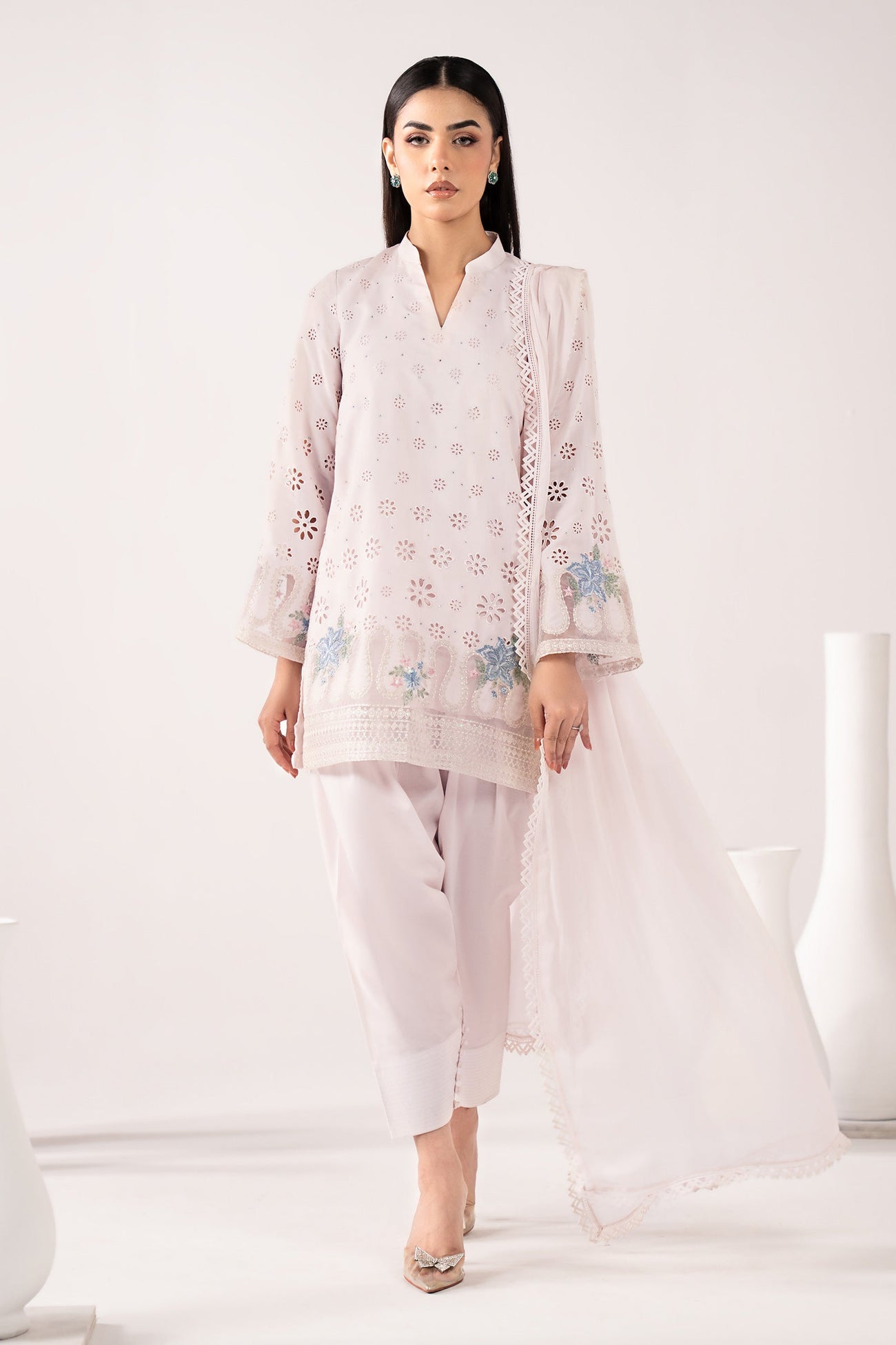 3 Piece Embroidered Pk Raw Silk Suit
