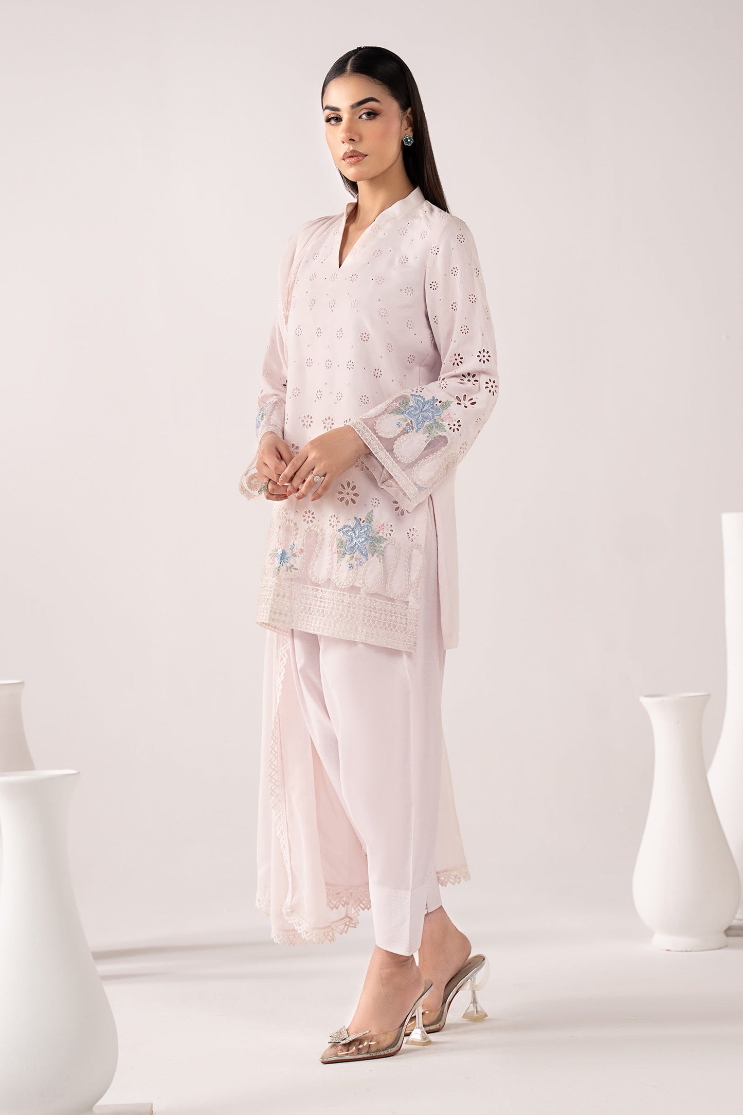 3 Piece Embroidered Pk Raw Silk Suit