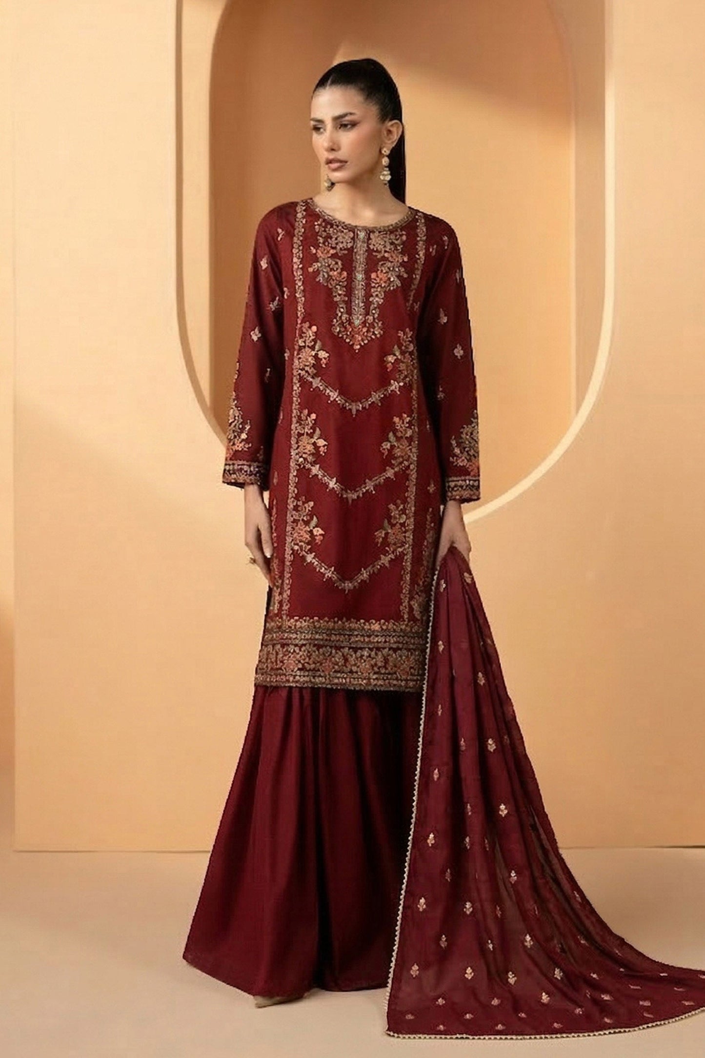 3 Piece Embroidered Double Warp Silk Suit