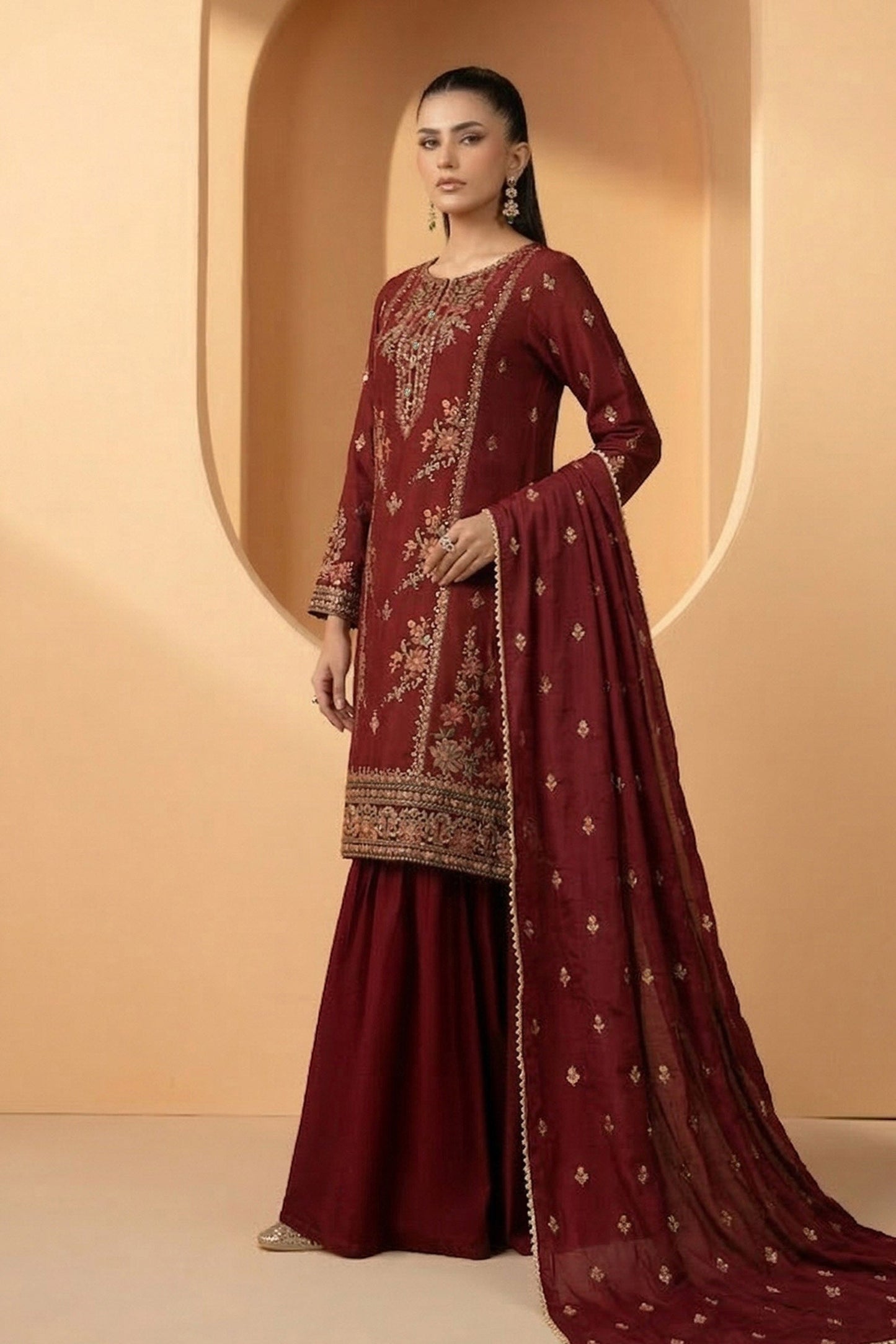 3 Piece Embroidered Double Warp Silk Suit