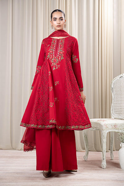 3 PIECE EMBROIDERED DOBBY SUIT | DW-EF24-08 All Products DWEF208-ESM-RED