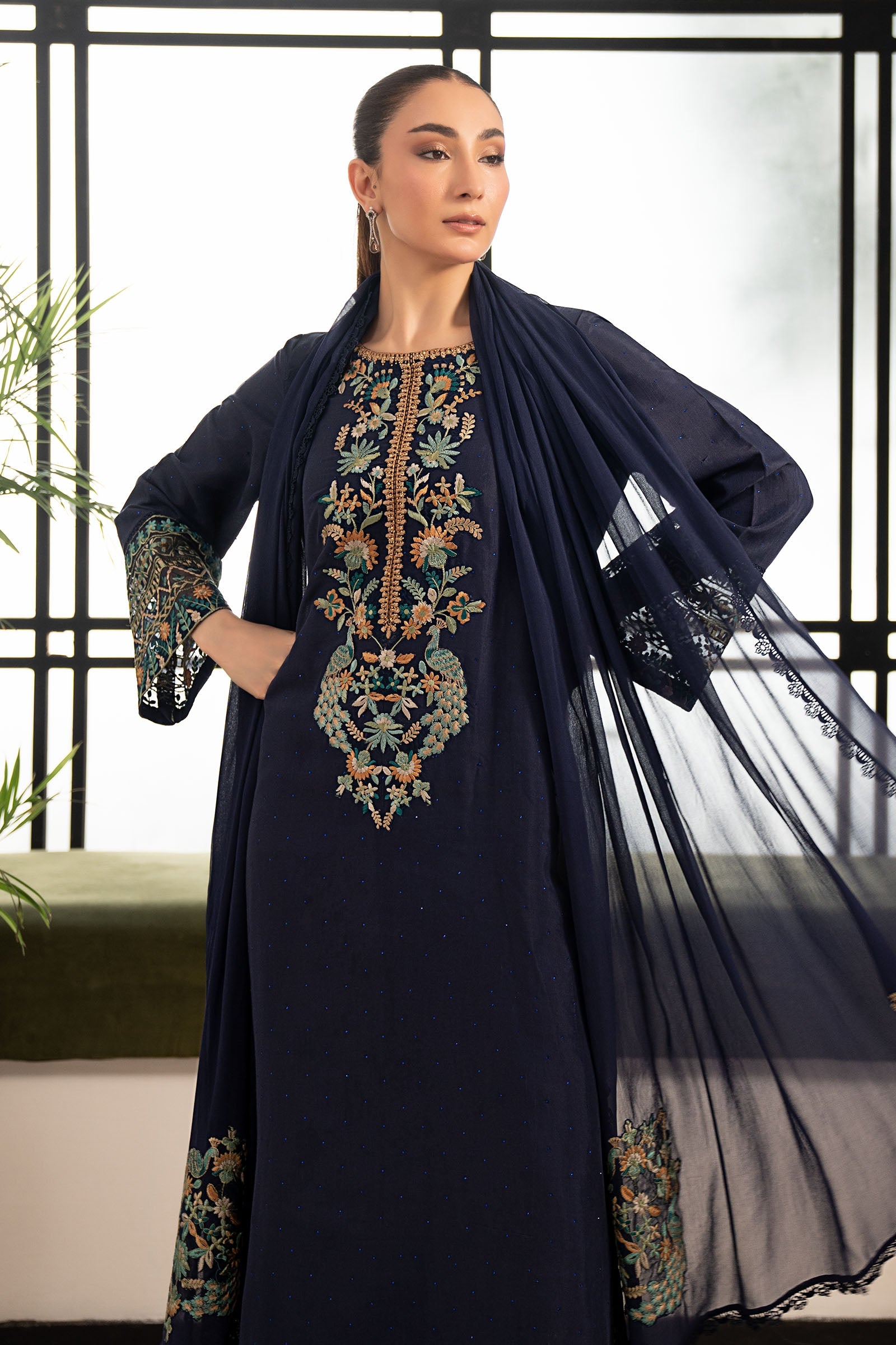 3 Piece Embroidered Raw Silk Suit