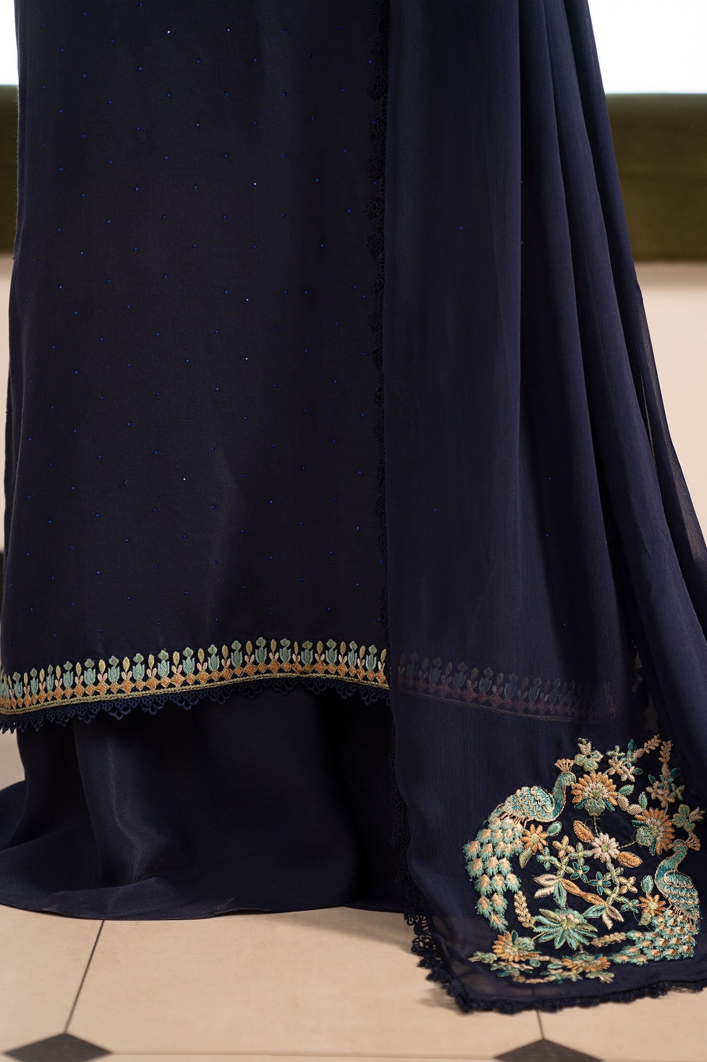 3 Piece Embroidered Raw Silk Suit