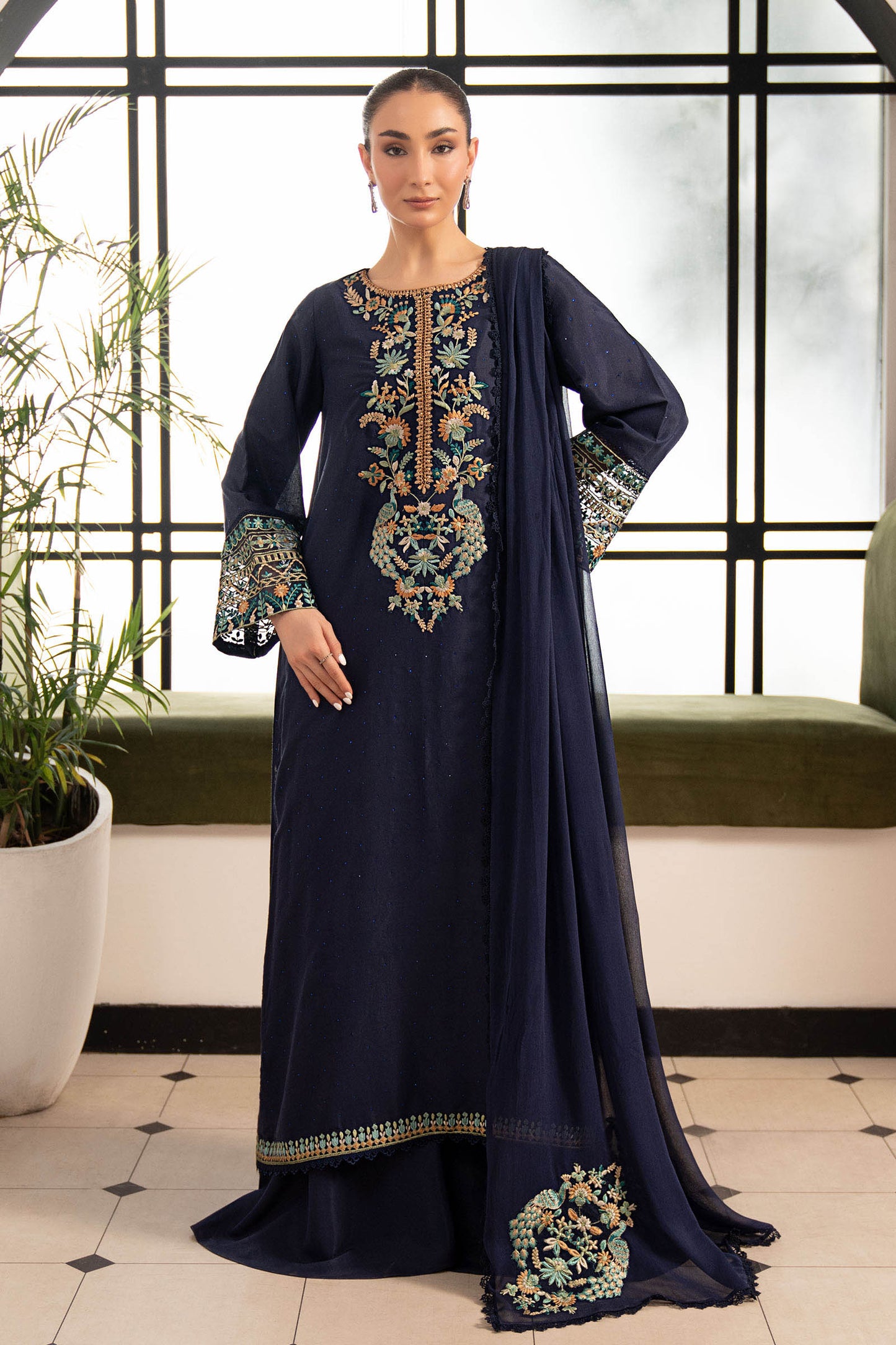 3 Piece Embroidered Raw Silk Suit