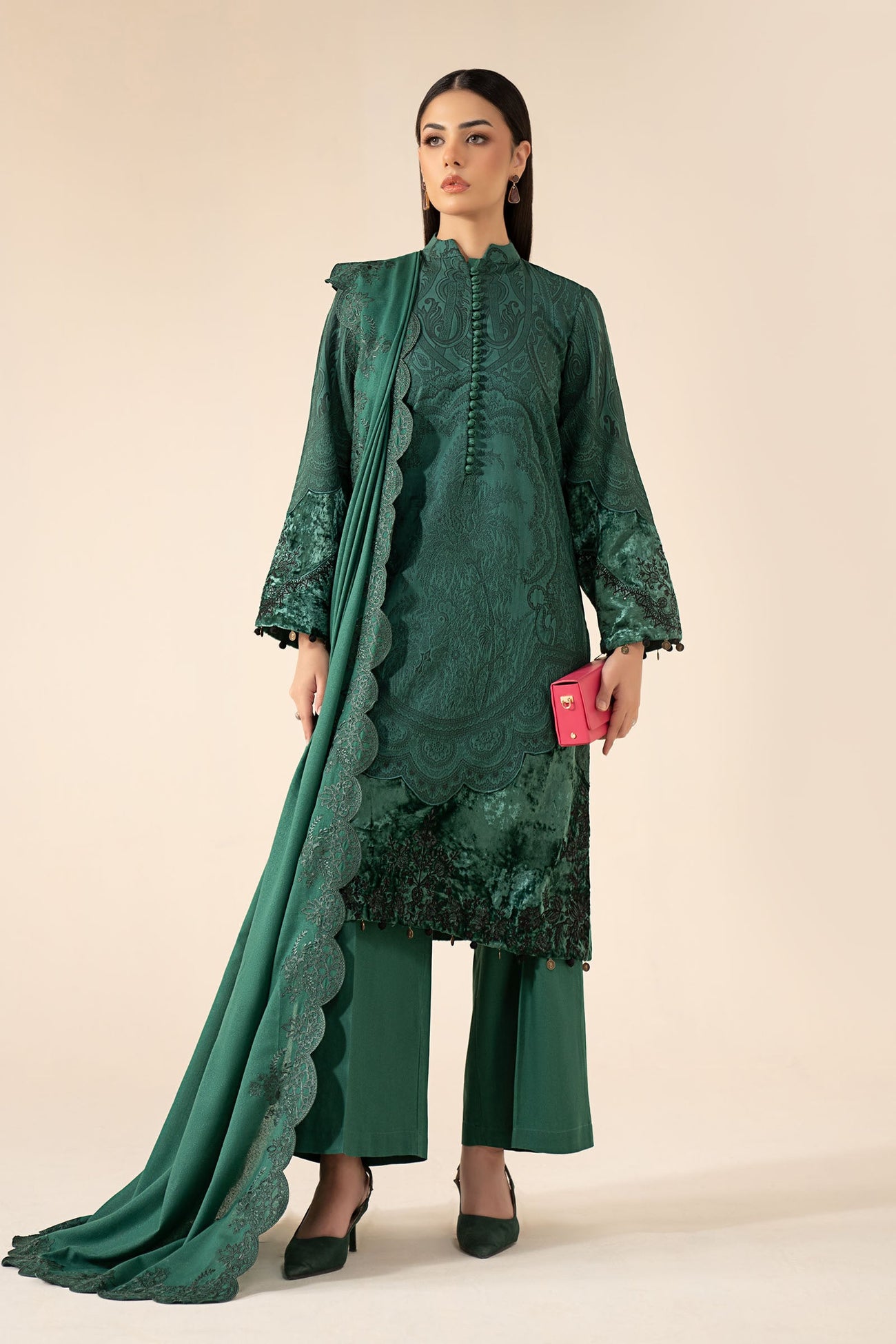 3 Piece Embroidered Cotton Jacquard Suit