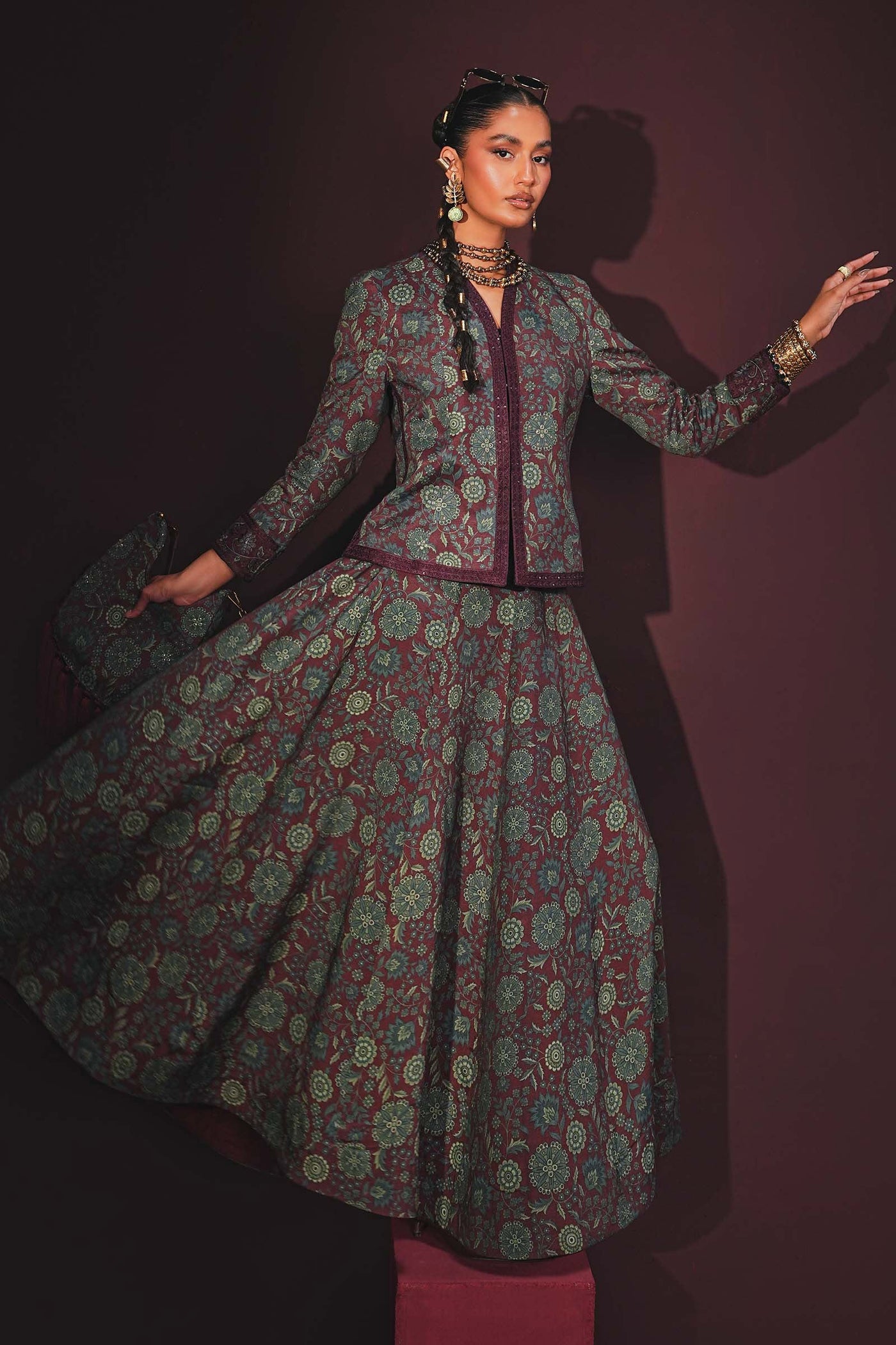 Embroidered Pk Raw Silk Skirt Set