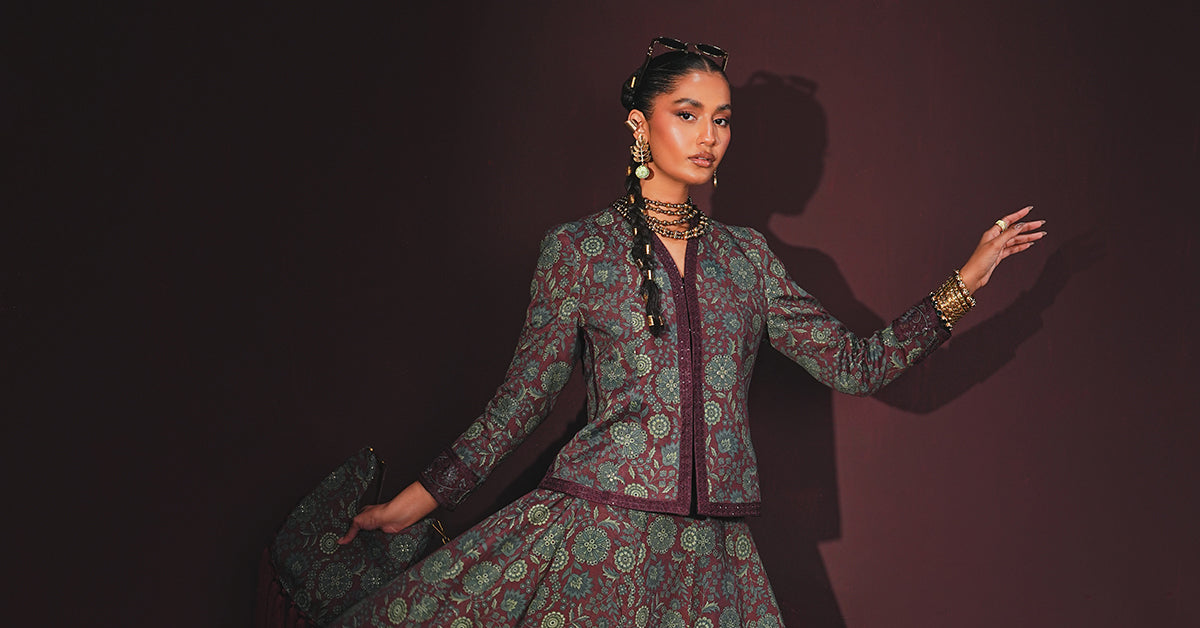 Embroidered Pk Raw Silk Skirt Set