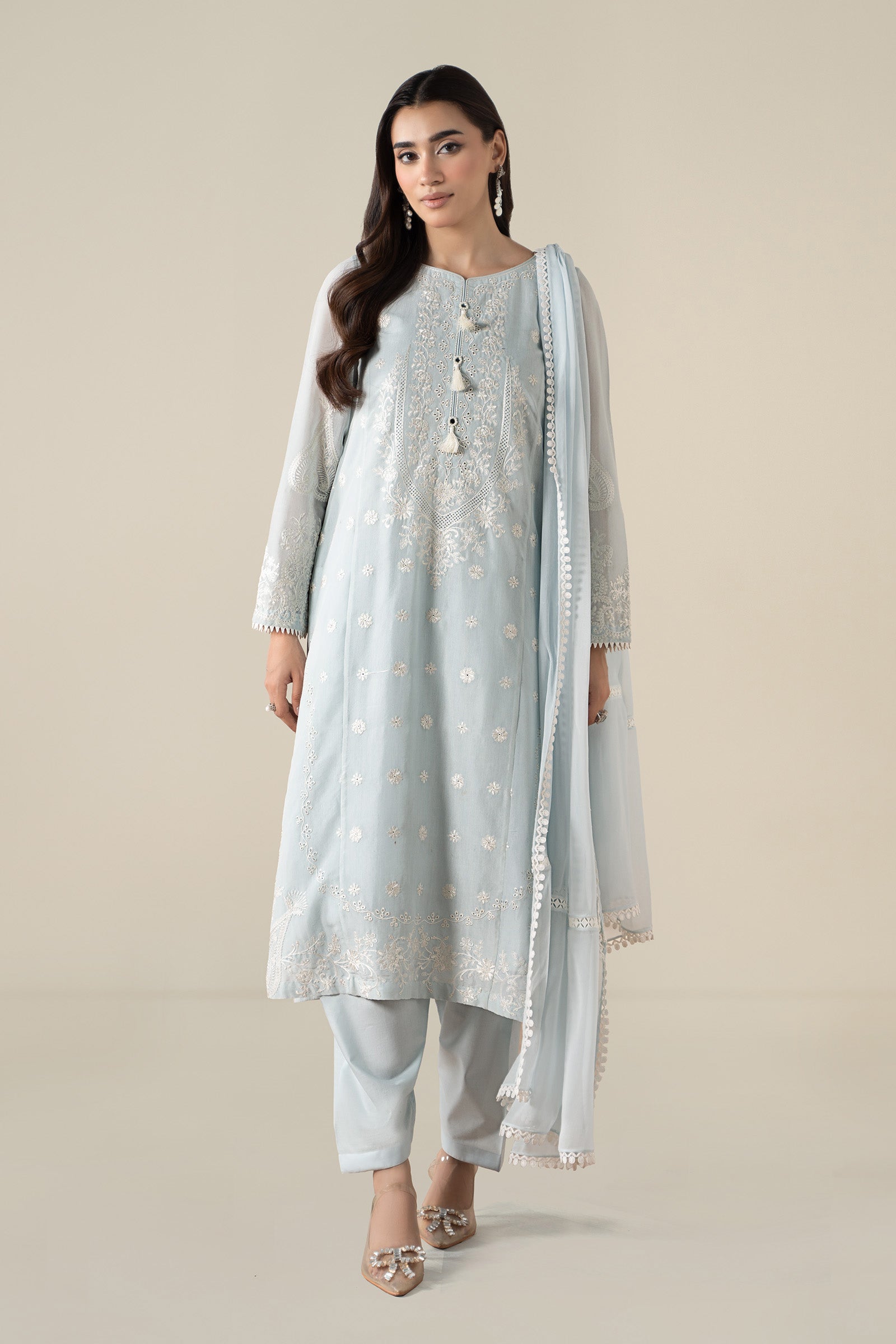 3 Piece Embroidered Paper Cotton Suit