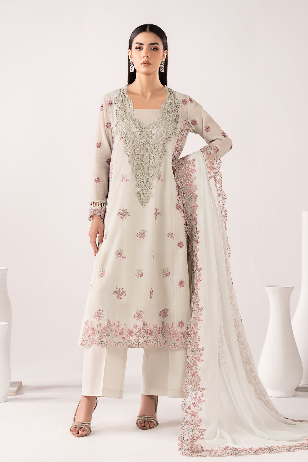 3 Piece Embroidered Paper Cotton Suit