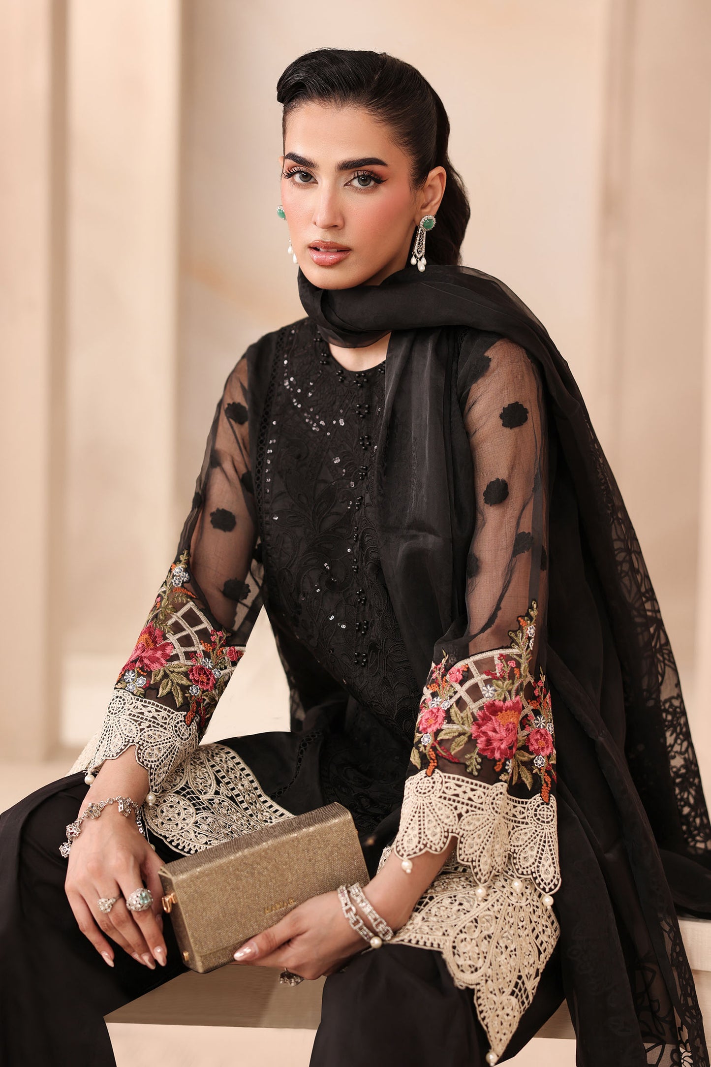 3 Piece Embroidered Organza Jacquard Suit