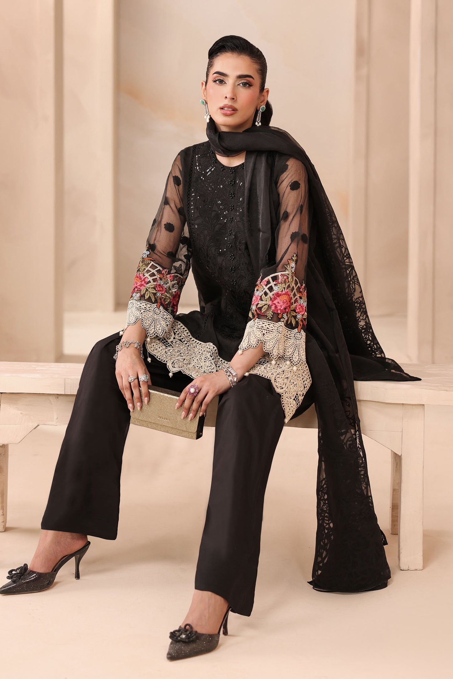 3 Piece Embroidered Organza Jacquard Suit